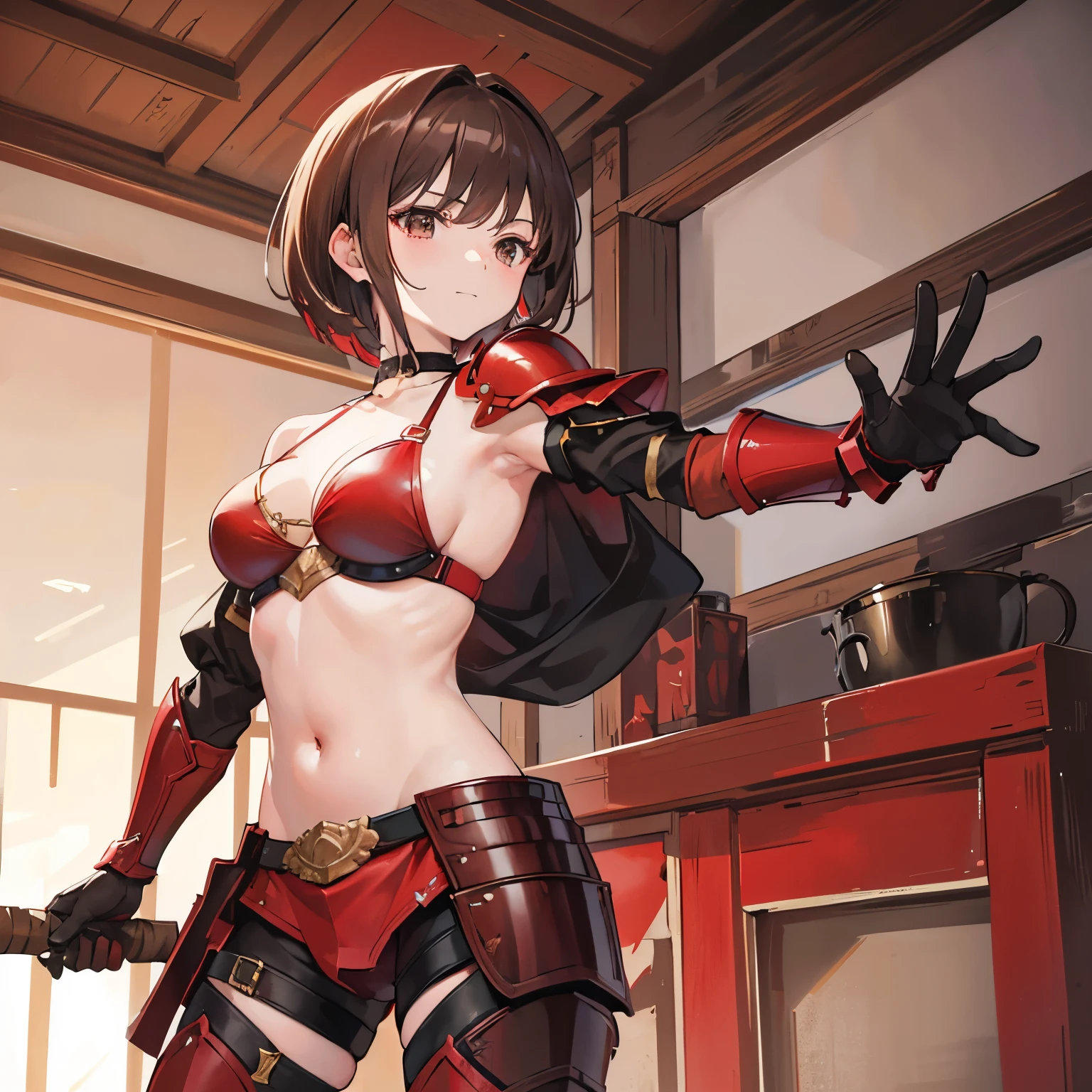 master piece,best quality,1Girl,[brown hair],short hair,swept bangs, warrior,((red shoulder armor)),red bikini armor,medium chest,black eyes,light smile,[elbow gloves],choker,closed mouth,navel,cowboy shot , shoot from front,