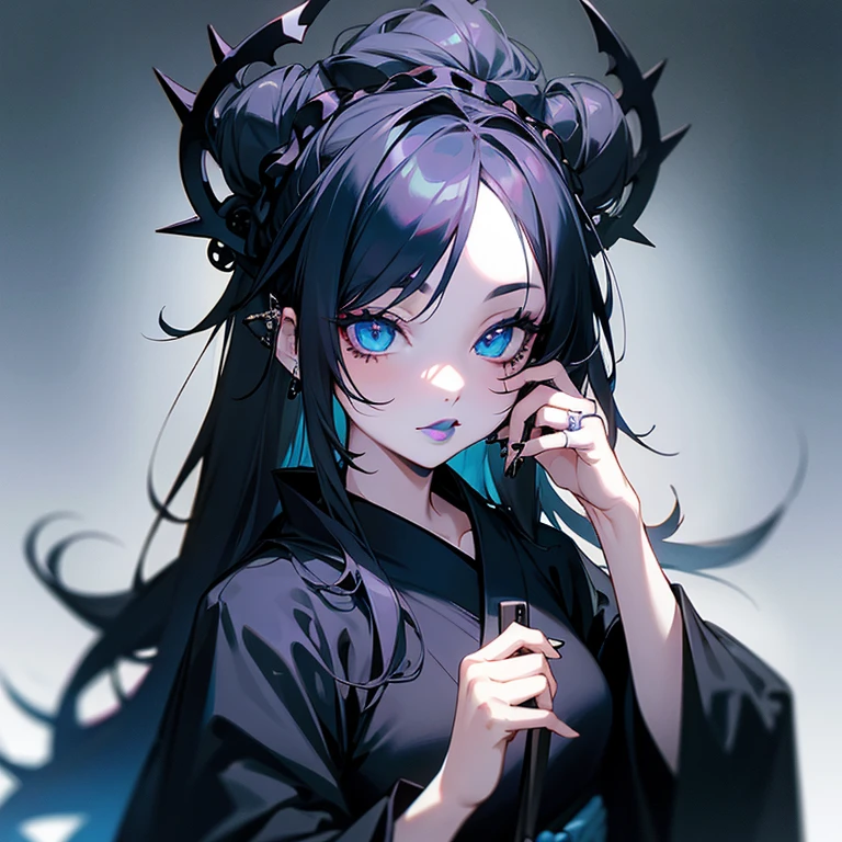a woman in black kimono and goth hair, with piercings, 1girl, solo, black hair, long hair, ring, silver hair, Gothic Lolita, upper body, ((blue lips)), blue eyes, 