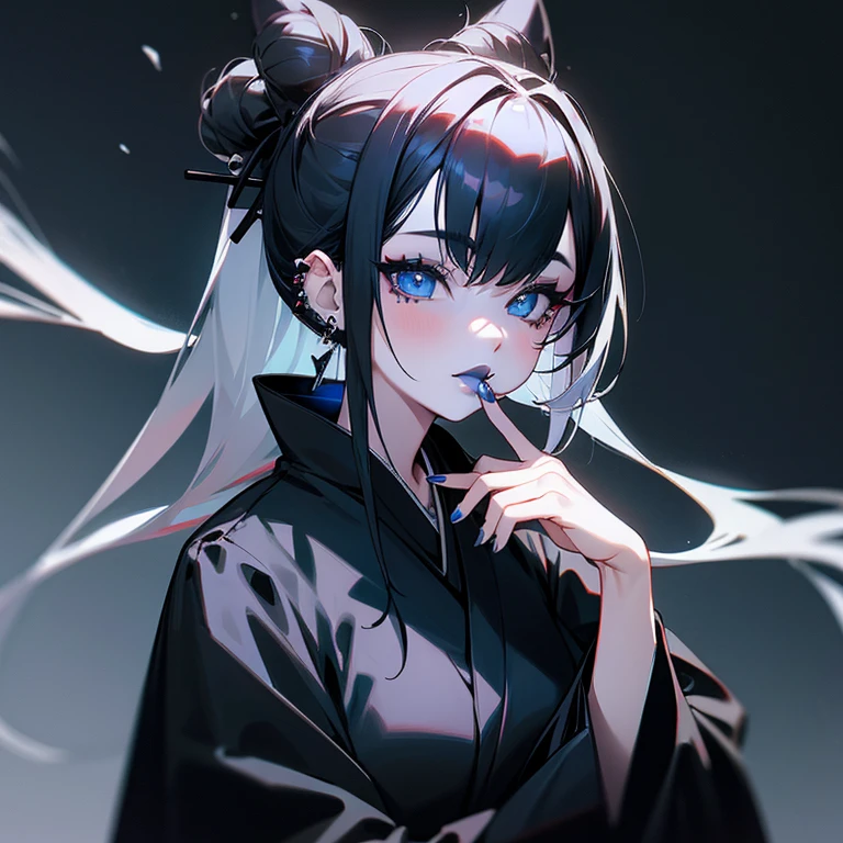 a woman in black kimono and goth hair, with piercings, 1girl, solo, black hair, long hair, ring, silver hair, Gothic Lolita, upper body, ((blue lips)), blue eyes, 