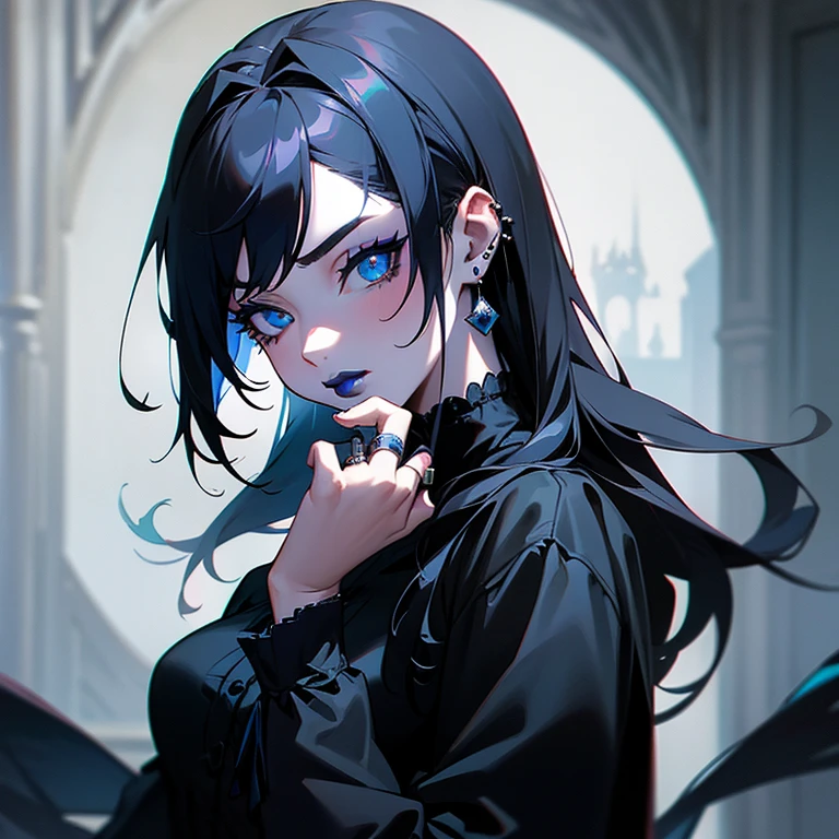 a woman in black corset and goth hair, with piercings, 1girl, solo, black hair, long hair, ring, silver hair, Gothic ta, upper body, ((blue lips)), blue eyes, blue rose