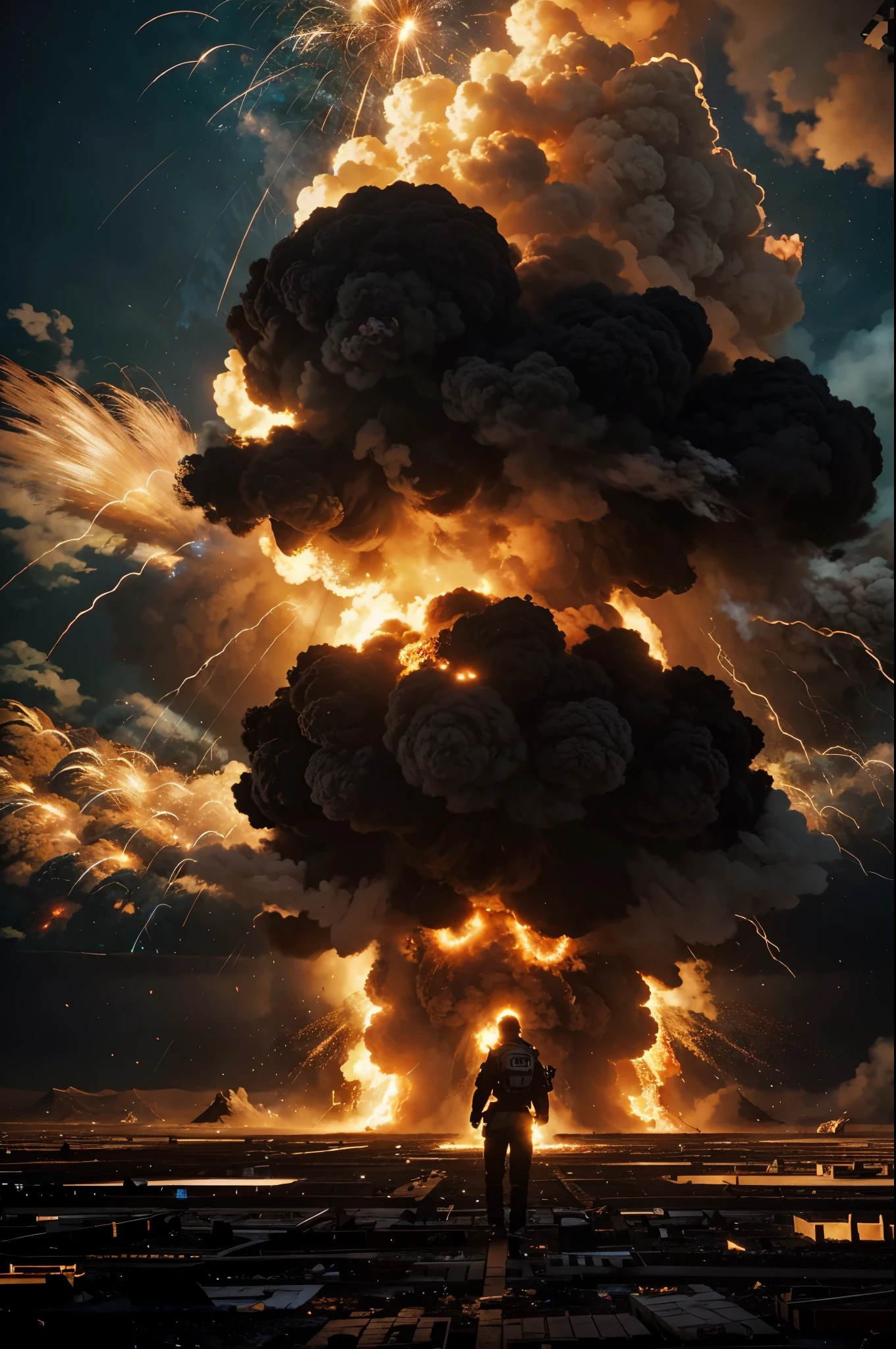 Describe a breathtakingly explosive scene, where a massive explosion erupts with intensity. Detail the blazing flames, debris flying, and the shockwave distorting the surrounding environment. Capture the grandeur and epic scale of the explosion, highlighting vibrant colors and dramatic contrasts between light and shadow. Convey the energy and urgency of the moment, immortalizing the scene in an image that evokes both chaos and the stunning beauty of an explosion