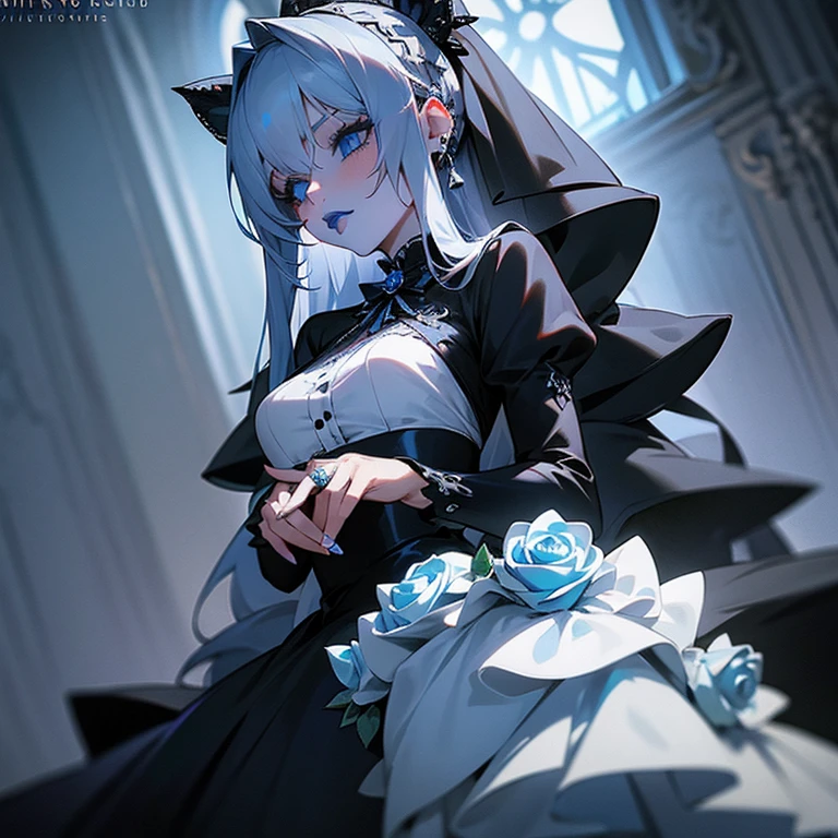 a woman in black Wedding dress and goth hair, with piercings, 1girl, solo,  long hair, ring, silver hair, Gothic Lolita, ((blue lips)), blue eyes, blue rose,