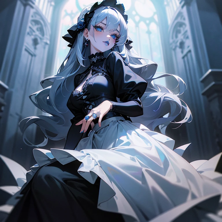 a woman in black Wedding dress and goth hair, with piercings, 1girl, solo,  long hair, ring, silver hair, Gothic Lolita, ((blue lips)), blue eyes, blue rose,