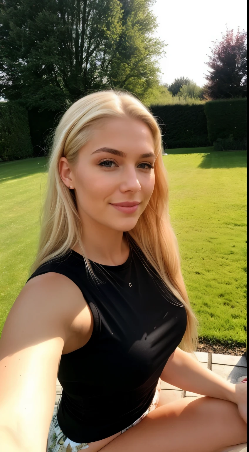 A 23 year old blonde woman, ((Big )), ((Hyperrealismus)) ,. blondes Haar mit hellbraunem Ansatz. blondes Haar, Haare mit braunen Wurzeln, extra langes Haar, sehr langes Haar, wirklich lange Haare, Nice, Vorderansicht, selfie, Foto mit iPhone aufgenommen, elegantes schwarzes Hemd mit Escote, tief geschnitten, selfie in the garden, good quality, selfie iPhone, Dekollete