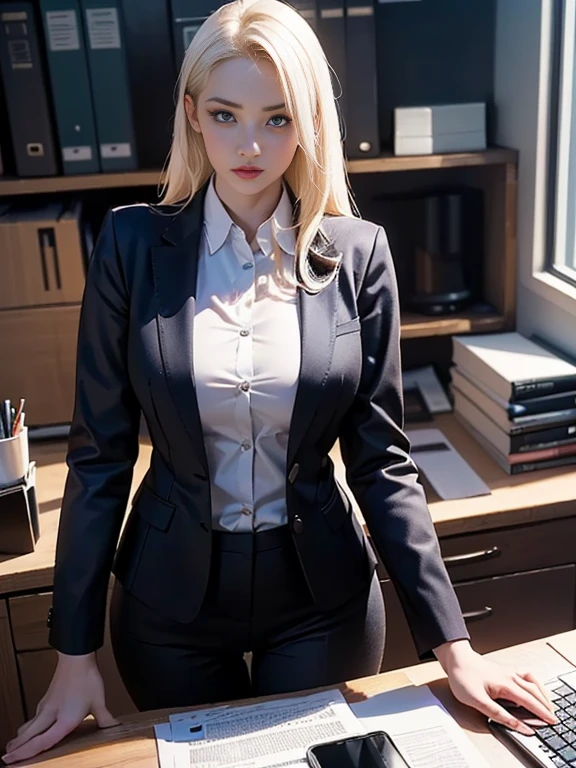 (best quality, 8k, highres, photorealistic:2.0), (solo, one girl:2.0),(lighting: front),(lighting: strong),(ultimate beautiful girl:2.0),(shiny skin),(oily skin),(platinum blonde hair:1.5),(straight hair:2.0),(kind woman:1.5),Blush brown makeup , dark eye makeup , use pink glossy lipstick,(big eyes girl:1.5),(thin woman:1.5),(Photographed in the sophisticated office of an information technology company:1.8),(elite business woman:1.8),(Career woman who can work very well),(I'm so absorbed in work that I don't have a boyfriend),(woman not interested in love),(I'm not interested in fashion),(I wear accessories that do not interfere with my work.),(she has no love experience at all),(she feels alone),(She is not good at talking to men),(she is shy and silent:1.5),(I don't want to stand out and I'm concerned about people's attention),(She has a dark personality and negative thoughts.:1.5),(she suffers from depression),(She has many complexes and has no one to rely on.),(intelligent woman:1.5),(A woman who takes her work seriously),(I'm a little unwell),(I like coffee and drink it all the time),(mentally unstable),(I have a hard time with insomnia.),(unpopular woman),(unconfident:1.5),(want pure love),(plain and introverted woman:1.3),(She has a hobby that she cannot tell anyone about, and that is masturbation),(she is pure:1.5),(Prefer clothes suitable for office work:1.5),(A woman whose life is difficult),(A woman exhausted from long working hours),(woman's sex appeal),(A sweet smelling perfume from her),(She ends up masturbating in the office while working overtime late at night),(She doesn't want people to know about her lewd sexuality.),(Wearing a tight pantsuit)