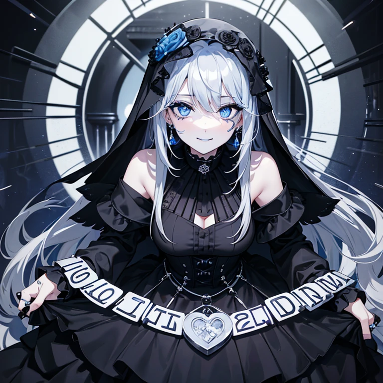 ((DJ deck))), a woman in black Wedding dress and goth hair, with piercings, 1girl, solo,  long hair, ring, silver hair, ((blue lips)), blue eyes, in blue rose, DJ, looking at viewer, ((happy)), (((black Wedding dress)))