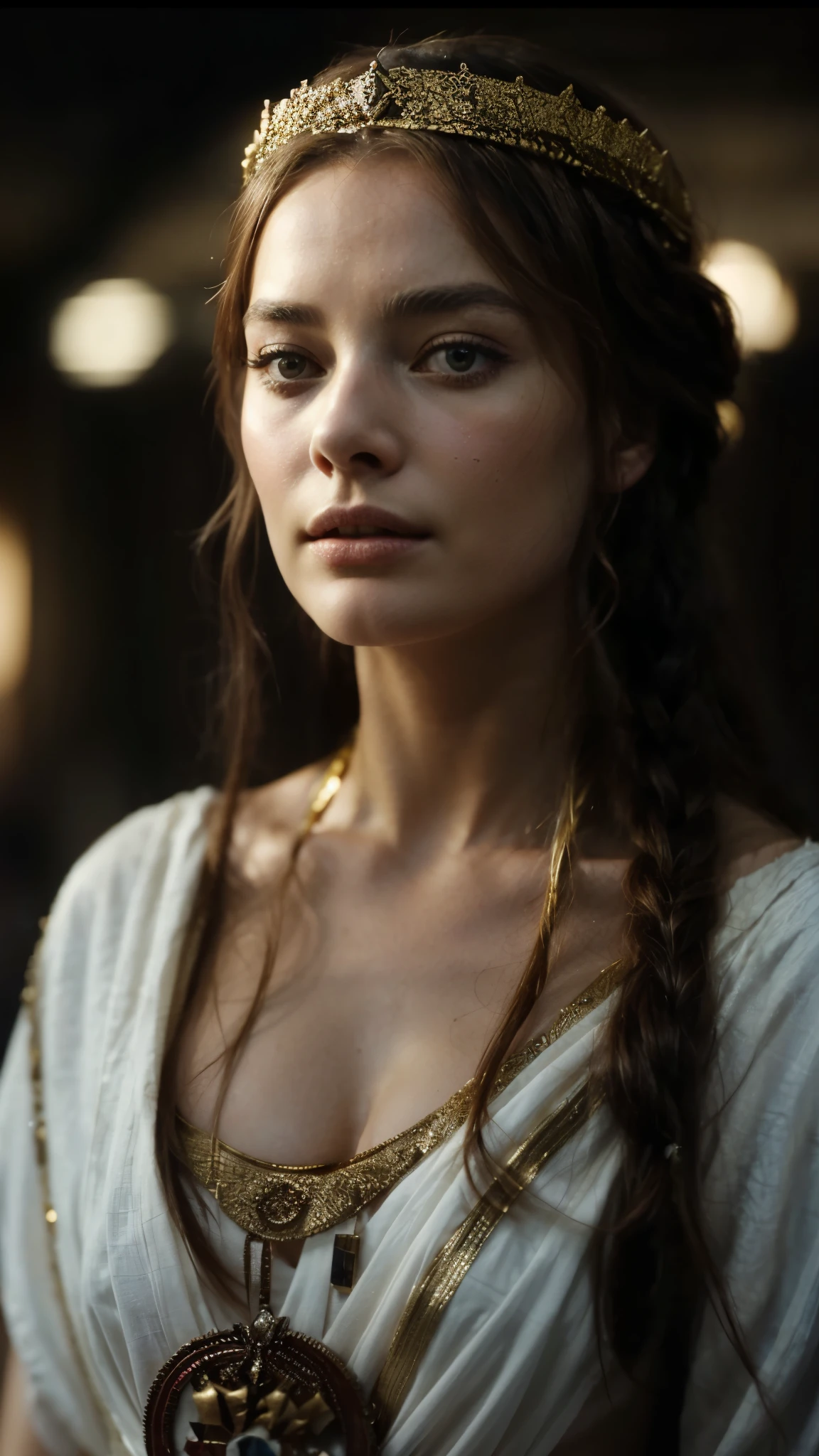 a woman in a white dress with a gold crown on her head, margot robbie as a greek goddess, very beautiful female barbarian, emilia clarke as a greek goddess, in screenshot from the 300 movie, roman goddess, greek goddess, old greek goddess, padme amidala, greek goddess athena, natalie portman as a goddess, beautiful female druid