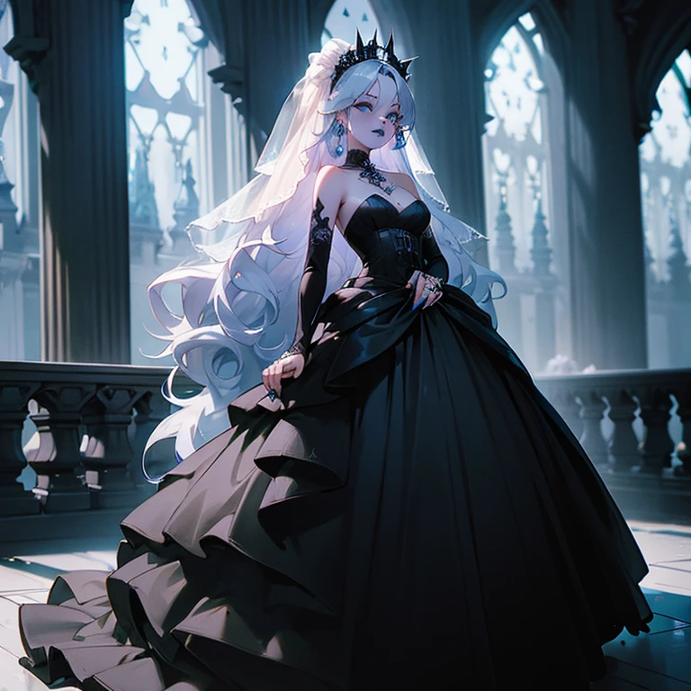 a woman, (((black wedding dress ))), with piercings,  1girl, solo, long hair, ring,silver hair, (((blue lips))), 
Vertical roll hair, standing in big single blue rose