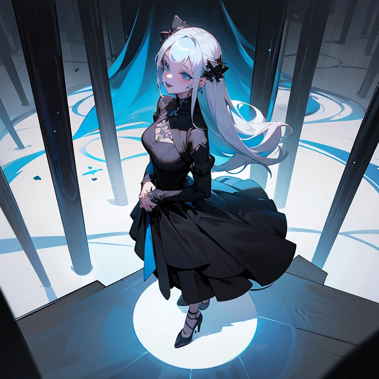 a woman, (((black dress ))), with piercings, 1girl, solo, left half black hair, long hair, ring, right half silver hair, (((blue lips))),
Vertical roll hair, standing in big single blue rose, from above, wedding