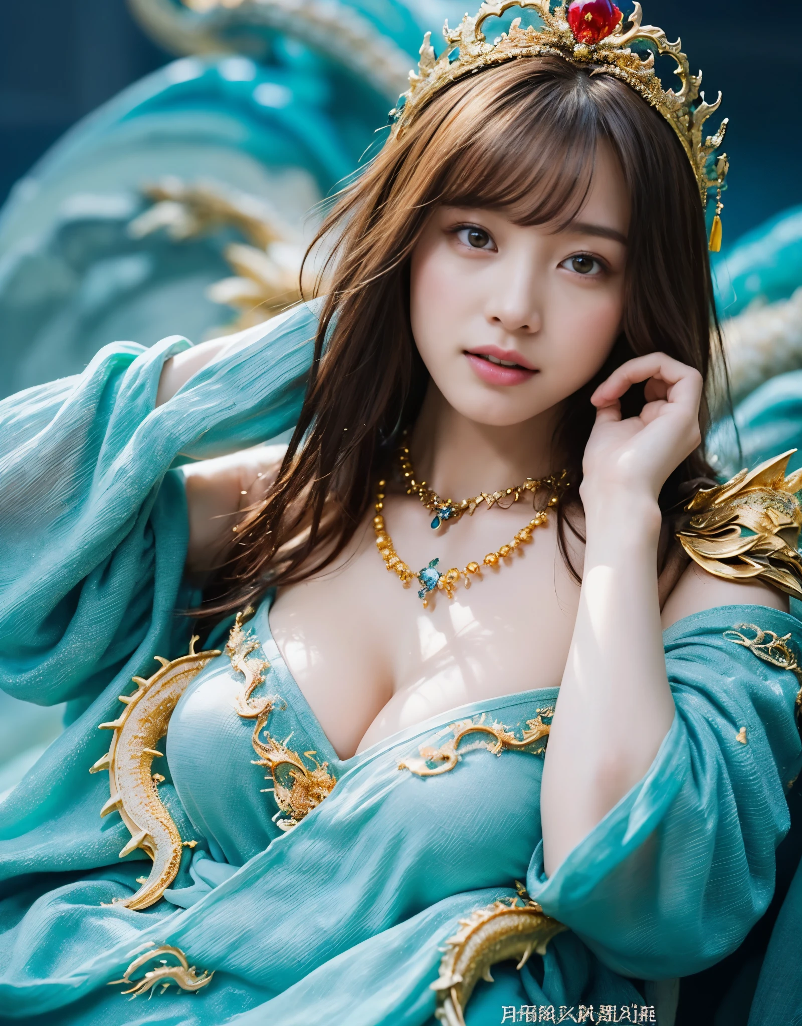 (very heavy chest)、highest quality、masterpiece、ultra high resolution、（ice dragon armor）、(((Metal製))),(((big breasts)))、(((Pink micro bikini with exposed details))),(she wears a beautiful crown made of precious stones.),(Photoreal:1.4)、RAW photo、1 girl、(((random hair))、(((color々take a pose)))、glowing skin、(((ice ice chinese dragon)))、intricate and gorgeous hair ornaments、（Looks like a gorgeous jewelry necklace）、（someone who looks at you calmly, Eyes like a goddess.）happiness:1.2).((beautiful sea background))、cliff、(ruins background)、((Ultra realistic details))、portrait、global illumination、（sexy pose）、Shadow、octane rendering、16k、big breasts、Raw skin exposed in the cleavage、Metal、intricate decorative details、Japan details、very intricate details、realistic light、CG Society Trenlow Eyes、Eyes shining towards the camera、（veil）、(((heavy big))),Shining eyes shine、armpit、24k,