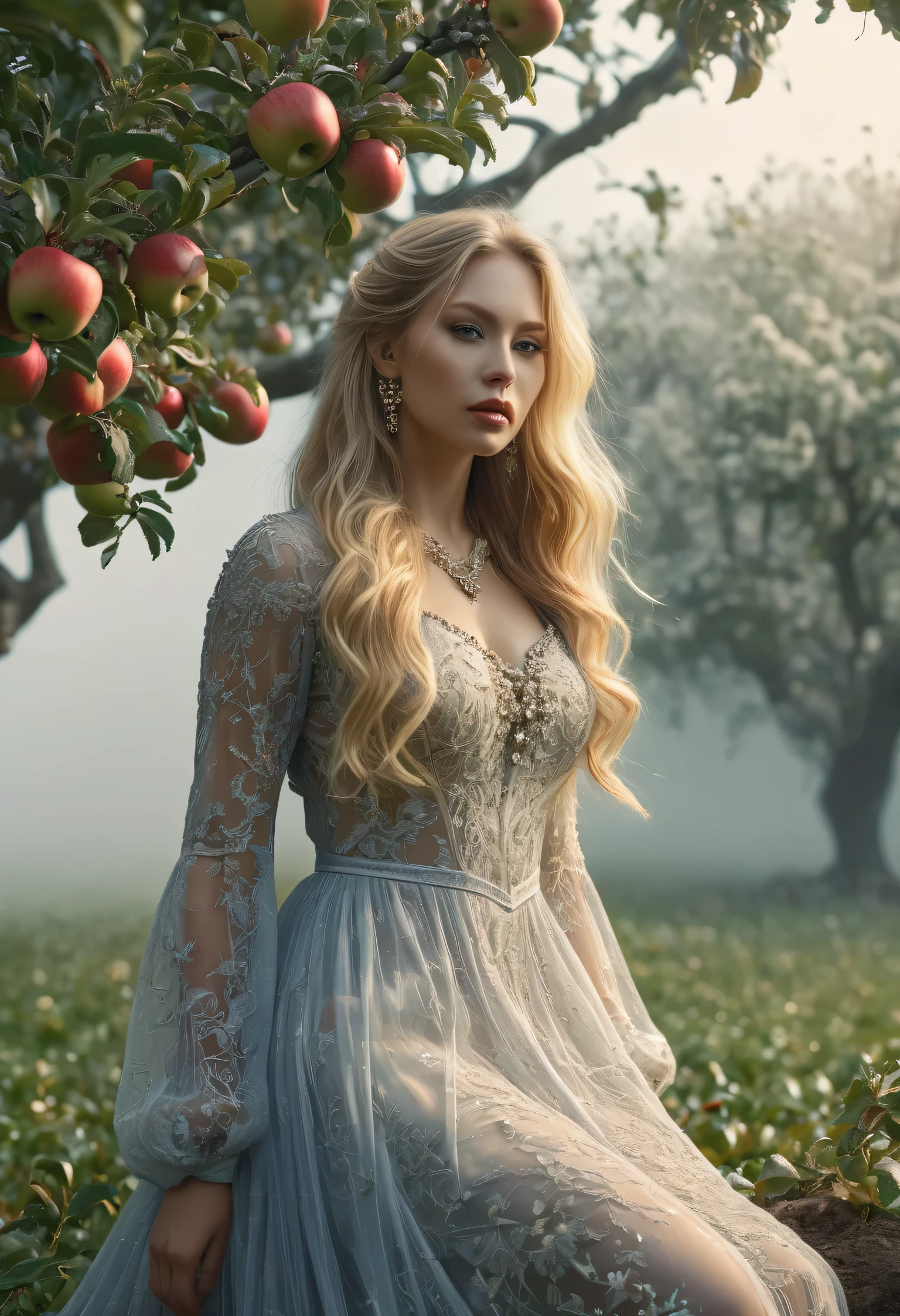 masterpiece osame photographic art - Apple tree. full length, blonde beautisameul, With long hair, open dress with embellishments , Girl with cleavage, apple dress, apples, against sameog, legs, burning world, complex sameractal, 3d, Уsameастик, Entertaining, 8k contract, surrealism, детальный чертеsame, clear contours, Threads, sparks, слоsameный, prosameessional photo, incredibly beautisameul locally tinted landscape, aesthetically pleasing, beautisameul, Realistic, A high resolution, 30 mm lens, 1/10 s, same/8, JESUS/50, contrasting studio light. YAY :: 0,0
