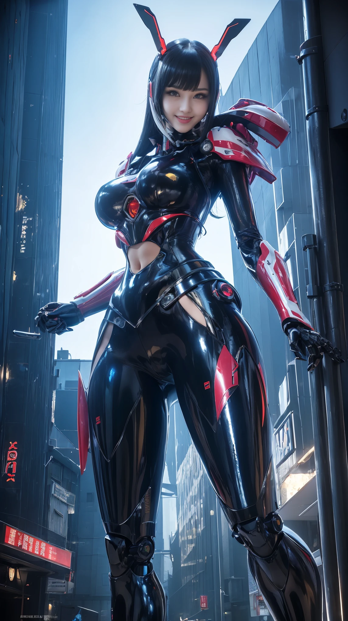 ((Works, best quality, Edge quality)), smiling, excited, edgMecha, ((beautiful woman)) in a robot suit standing in front of the city at night, woman wearing edg Mecha, mecha suit, navel