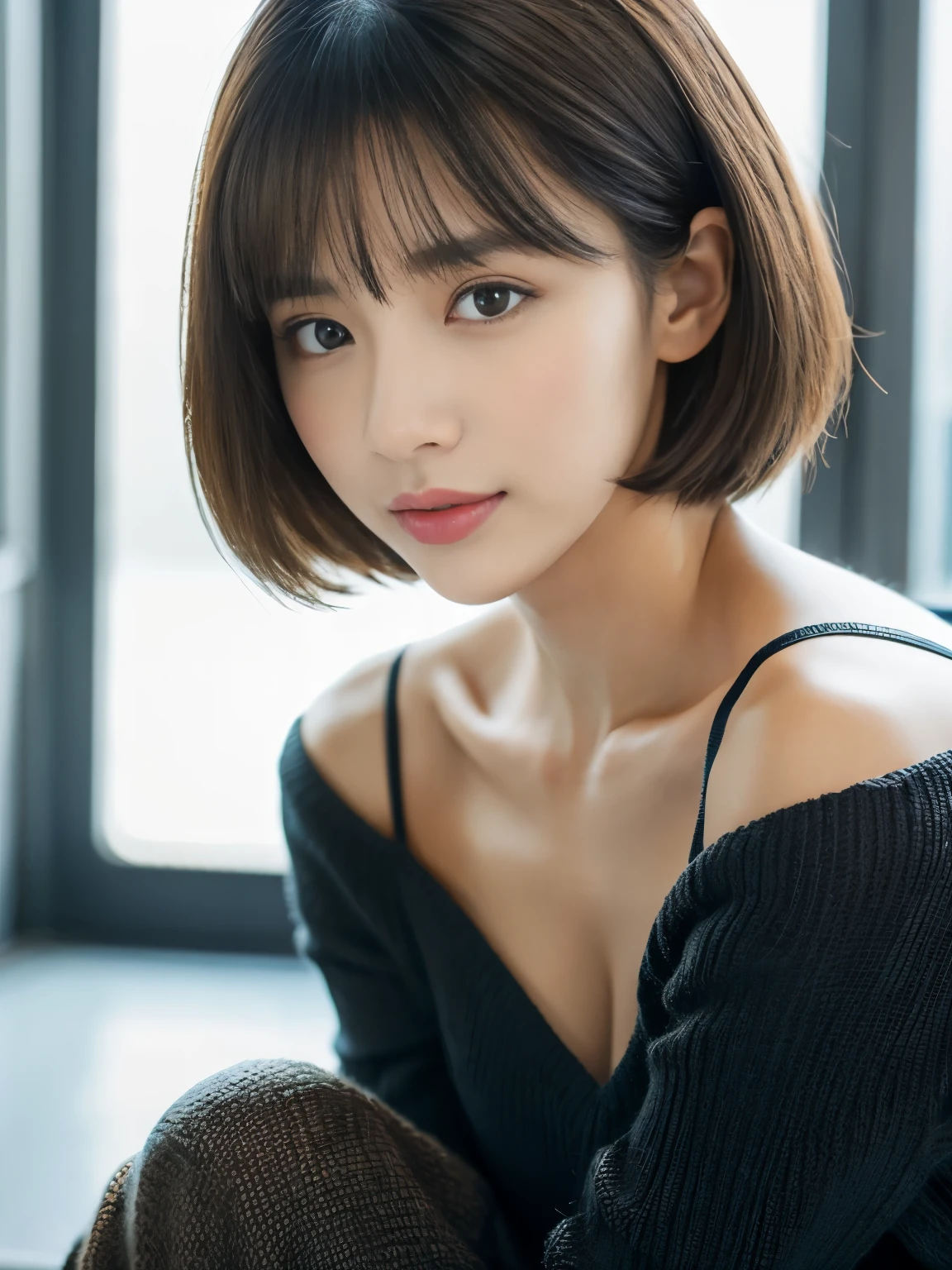 one korean model, Full body shot, (a beauty girl, delicate girl:1.3), (18 years old:1.3), (Korean fashion, Black High Waist Mini Pleated Skirt:1.3, White V-neck Knit:1.3, Long black boots:1.2), very fine eyes, (symmetrical eyes:1.3), large breasts, brown eyes, parted bangs, brown hair, (upper teeth, best smile:0.2), (eyes and faces with detailed:1.0), (masterpiece, best quality, ultra detailed, detailed face, 8k)