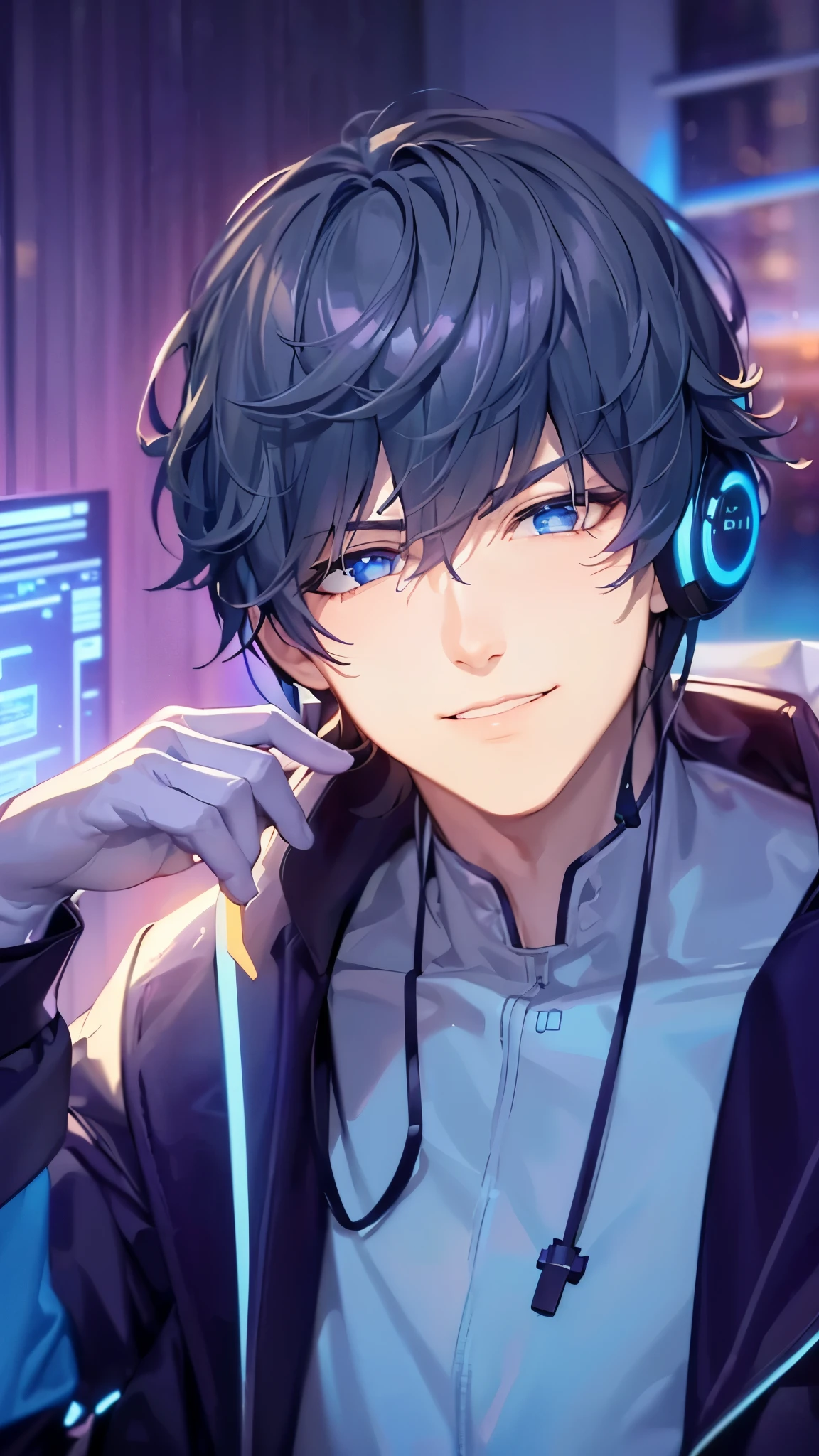 a handsome guy、serious expression、please close your mouth、blue neon light、neon and cyber feeling、Morning outside the window、Highly Detailed CG Unity 8K Wallpaper, (super masterpiece, beautiful person, well detailed face polluted smile, It&#39;s photorealistic, hyper realistic)
