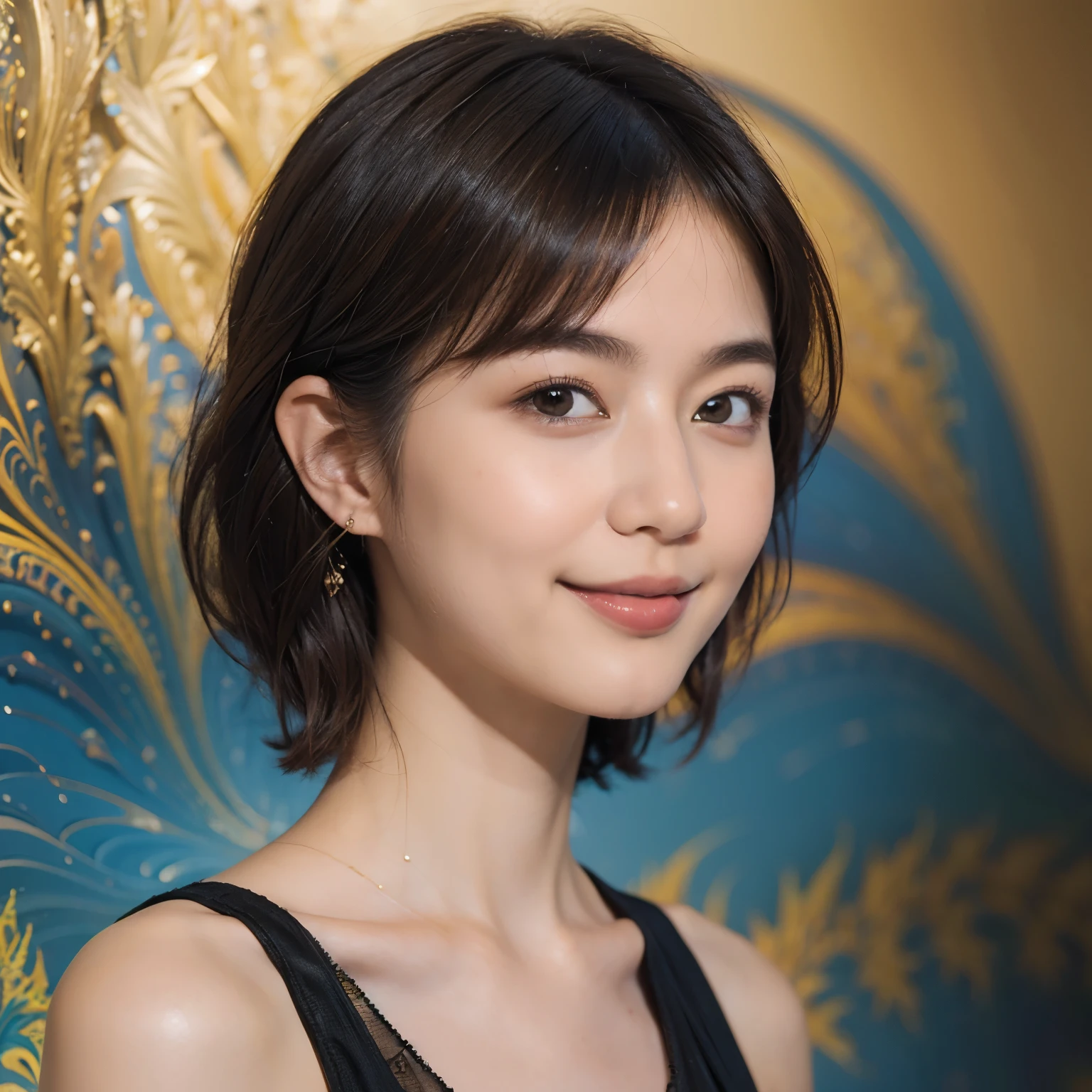 177 Short hair, 20 year old woman, gentle smile, (abstract background,fractal art:1.46)