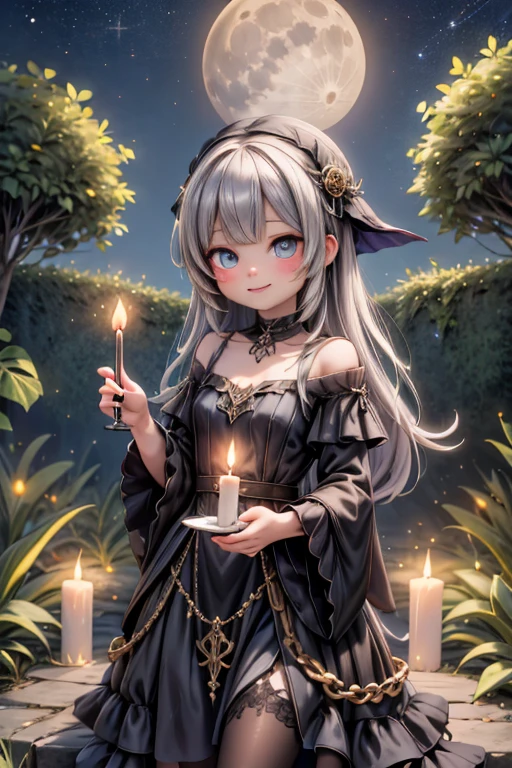 masterpiece, best quality, absurdress, a cute sorceress smiling, casting a spell, glowing transmutation circles alchemic symbols, outdoors, gothic garden, at night, glowing candles, starry night, full moon,
