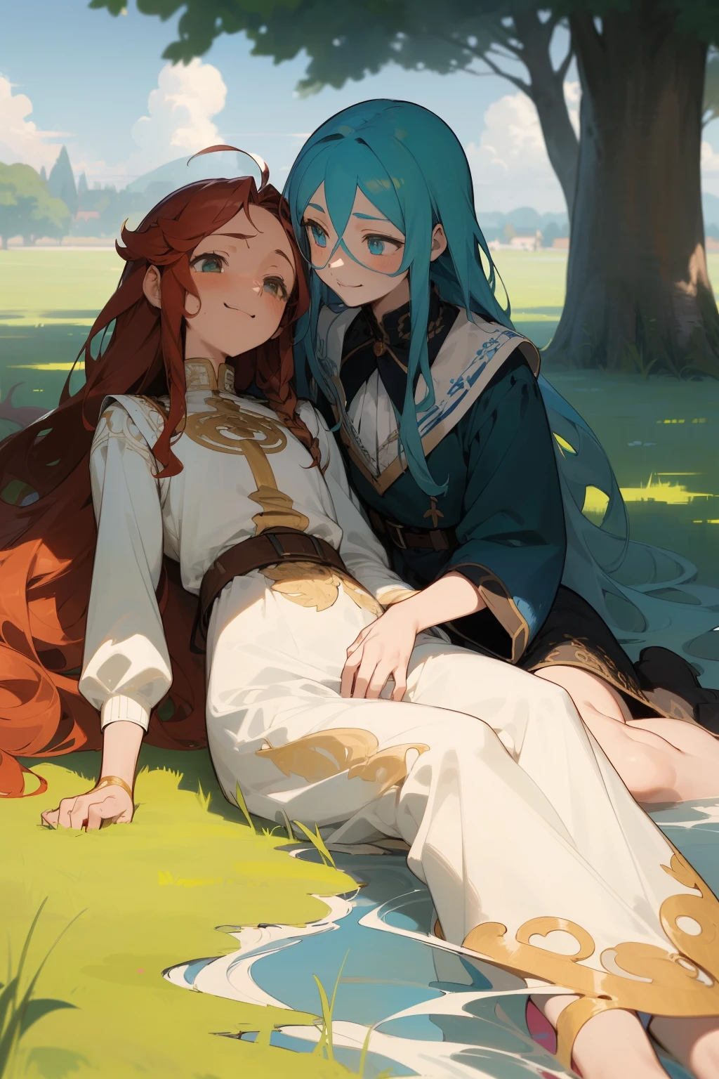 Anime girls Frieren and Himmel, lounging on lush grass under the vast blue sky, their heads resting on each other's shoulders. Frieren's long golden hair cascades down around them, while Himmel's short curly waves frame her youthful face. Their clothing reminiscent of medieval Europe, Frieren dons a long, flowing white dress with intricate embroidery, while Himmel's tunic is a bold shade of red, adorned with gold accents. They share a playful glance, their eyes filled with mischief and joy, as they let their cares melt away in nature's embrace.

(Ser