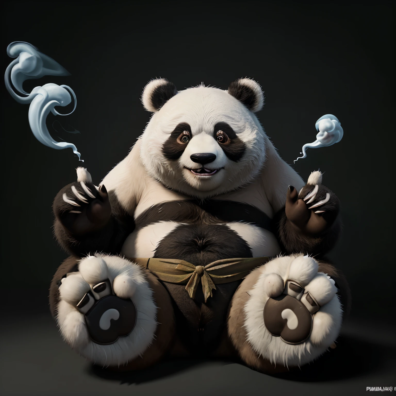 "A detailed and lifelike image of a burly panda with intricate tattoos covering its arms, sitting in a leather armchair, holding a cigarette in one paw. The panda is surrounded by dense smoke, its face glowing with a serene, happy expression as it enjoys its cigarettes. The background is a dimly lit, smoky lounge with warm lighting, creating a peaceful, contented atmosphere."