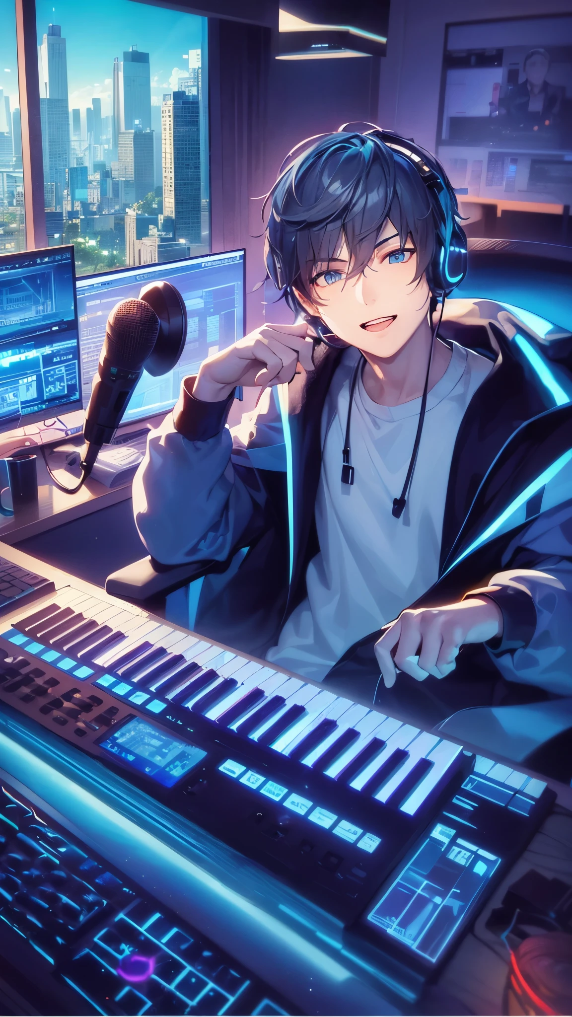 a handsome guy、serious expression、please close your mouth、Monitor & Keyboard、Microphone for distribution、I'm wearing headphones、blue neon light、neon and cyber feeling、Morning outside the window、Highly Detailed CG Unity 8K Wallpaper, (super masterpiece, beautiful person, well detailed face polluted smile, It's photorealistic, hyper realistic)