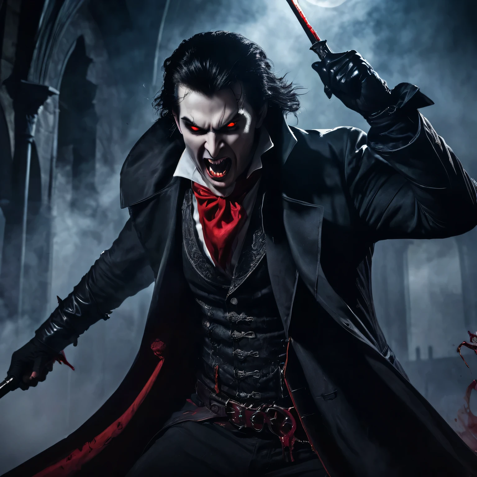 Infinite darkness,best quality,4k,8k,high resolution,masterpiece:1.2,Super detailed,actual,photoactual:1.37,bright colors,dark,inauspicious, dramatic lighting,bloody scene,intense action,Vampires and Vampire Hunters,Detailed faces,sharp focus,mysterious atmosphere,dynamic poses,Stunning visual effects,scary creature,Steam mist,moonlight,Gothic architecture,Hunter's weapons,weird shadow,inauspicious red eyes,Dislocated canines,bloodthirsty vampire,Vampire hunter determined expression,Sparkling fangs,grim expression,Bloody battle,ferocious vampire,deadly confrontation,high risk,Adrenaline-pumping battles,creepy atmosphere