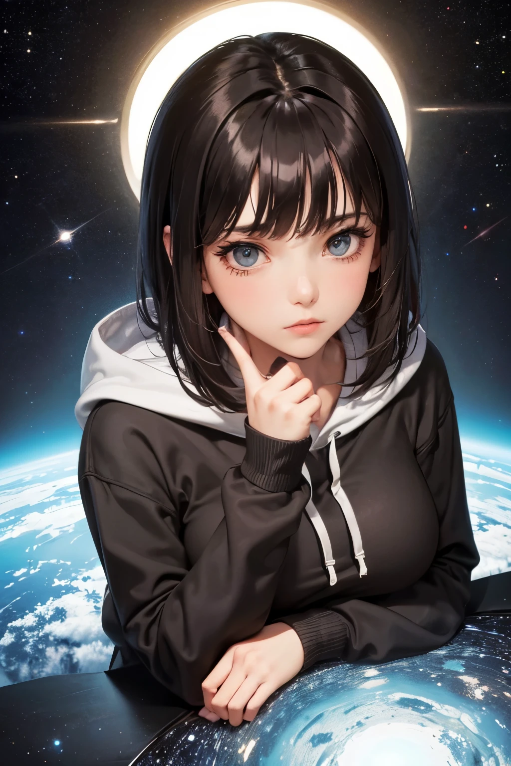 Upper body close-up image.A beautiful woman. Twenty-three years old. Dark brown hair.She has her bangs down. She is looking at the camera with a serious expression. She is wearing a gray hoodie. Images of outer space and parallel universes in her background.