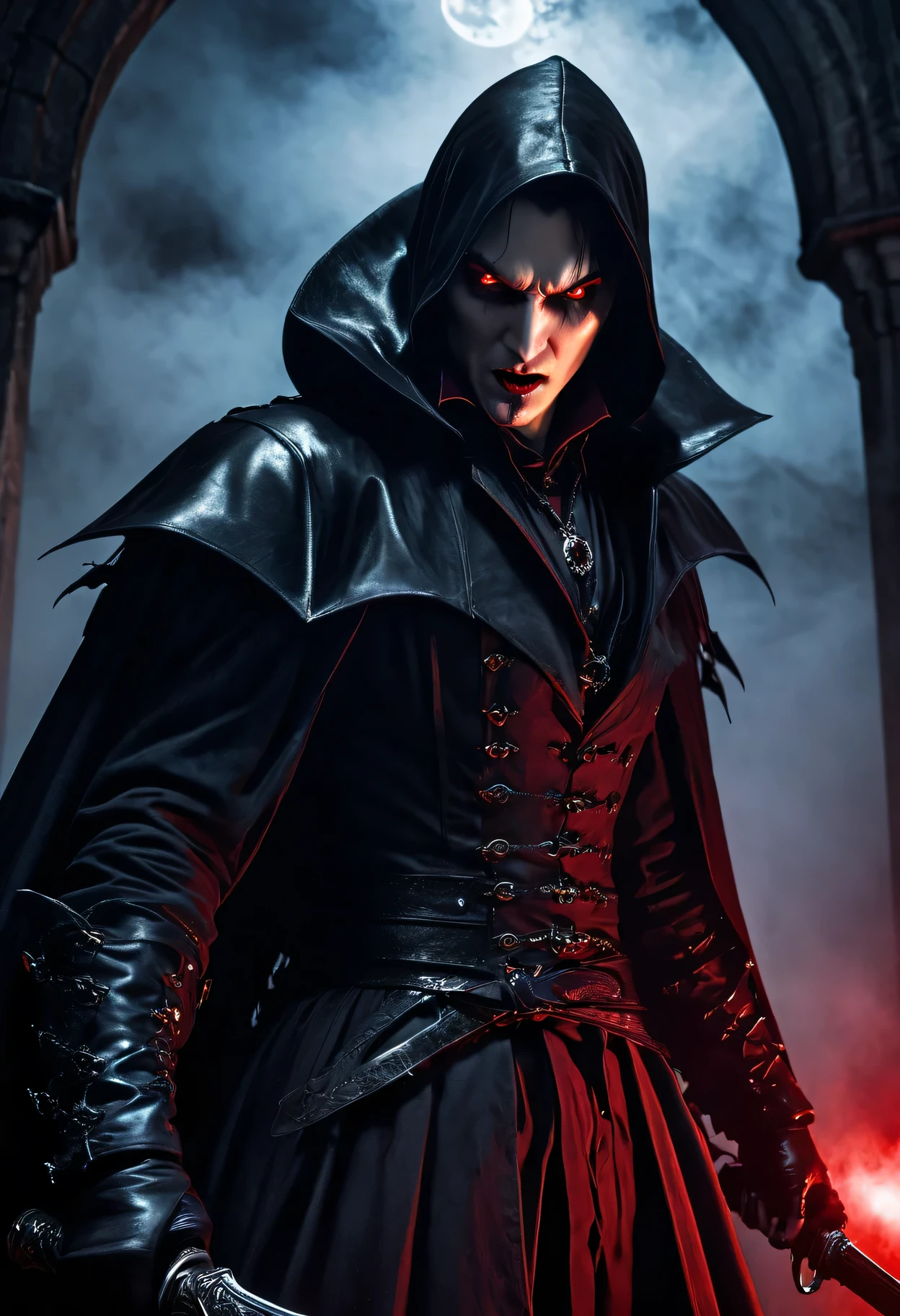 Infinite darkness,best quality,4k,8k,high resolution,masterpiece:1.2,Super detailed,actual,photoactual:1.37,bright colors,dark,inauspicious, dramatic lighting,bloody scene,intense action,Vampires and Vampire Hunters,Detailed faces,sharp focus,mysterious atmosphere,dynamic poses,Stunning visual effects,scary creature,Steam mist,moonlight,Gothic architecture,Hunter's weapons,weird shadow,inauspicious red eyes,Dislocated canines,bloodthirsty vampire,Vampire hunter determined expression,Sparkling fangs,grim expression,Bloody battle,ferocious vampire,deadly confrontation,high risk,Adrenaline-pumping battles,creepy atmosphere