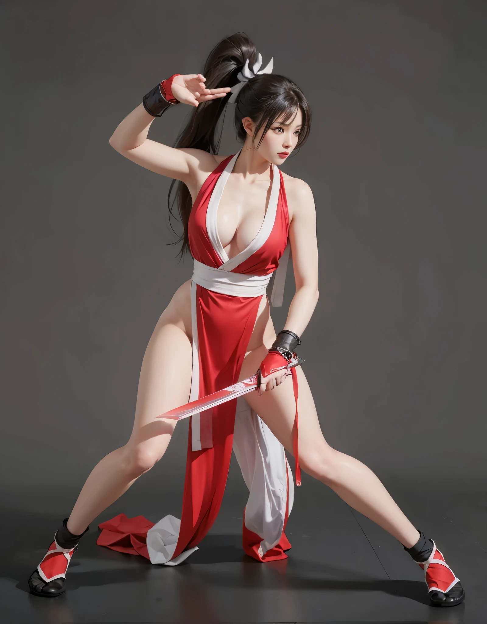 Wearing red and white clothes、French and German women holding swords, Mai Shiranui, yoko matsugane as Mai Shiranui, fighting game characters, fighter pose, fighting stance, Ono City, in fighter poses, chun li, Tifa, fighting stance, martial art pose, C