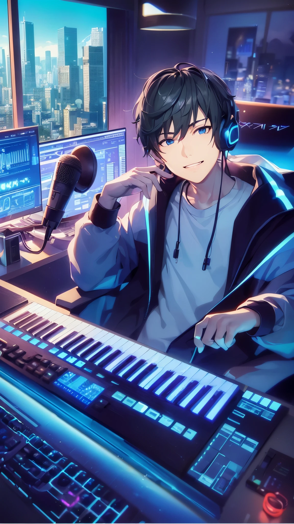 a handsome guy、serious expression、please close your mouth、Monitor & Keyboard、Microphone for distribution、I'm wearing headphones、blue neon light、neon and cyber feeling、Morning outside the window、Highly Detailed CG Unity 8K Wallpaper, (super masterpiece, beautiful person, well detailed face polluted smile, It's photorealistic, hyper realistic)