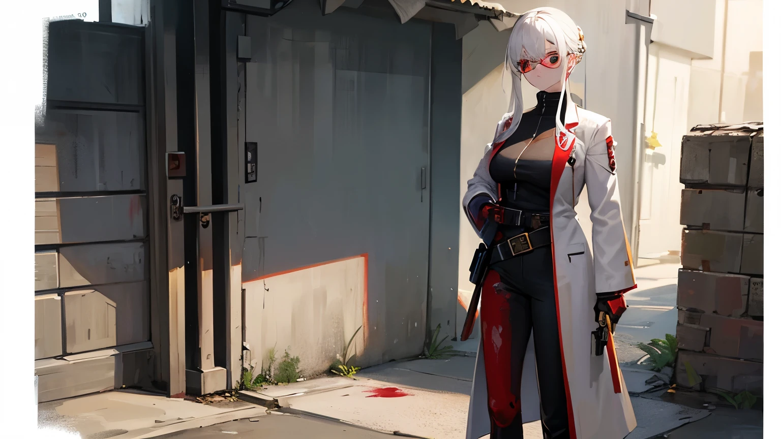 A white-haired, stern-faced woman stood holding a gun against a wall in an alley, wearing a blood-stained white ninja outfit and round yellow-lensed glasses on her head.
