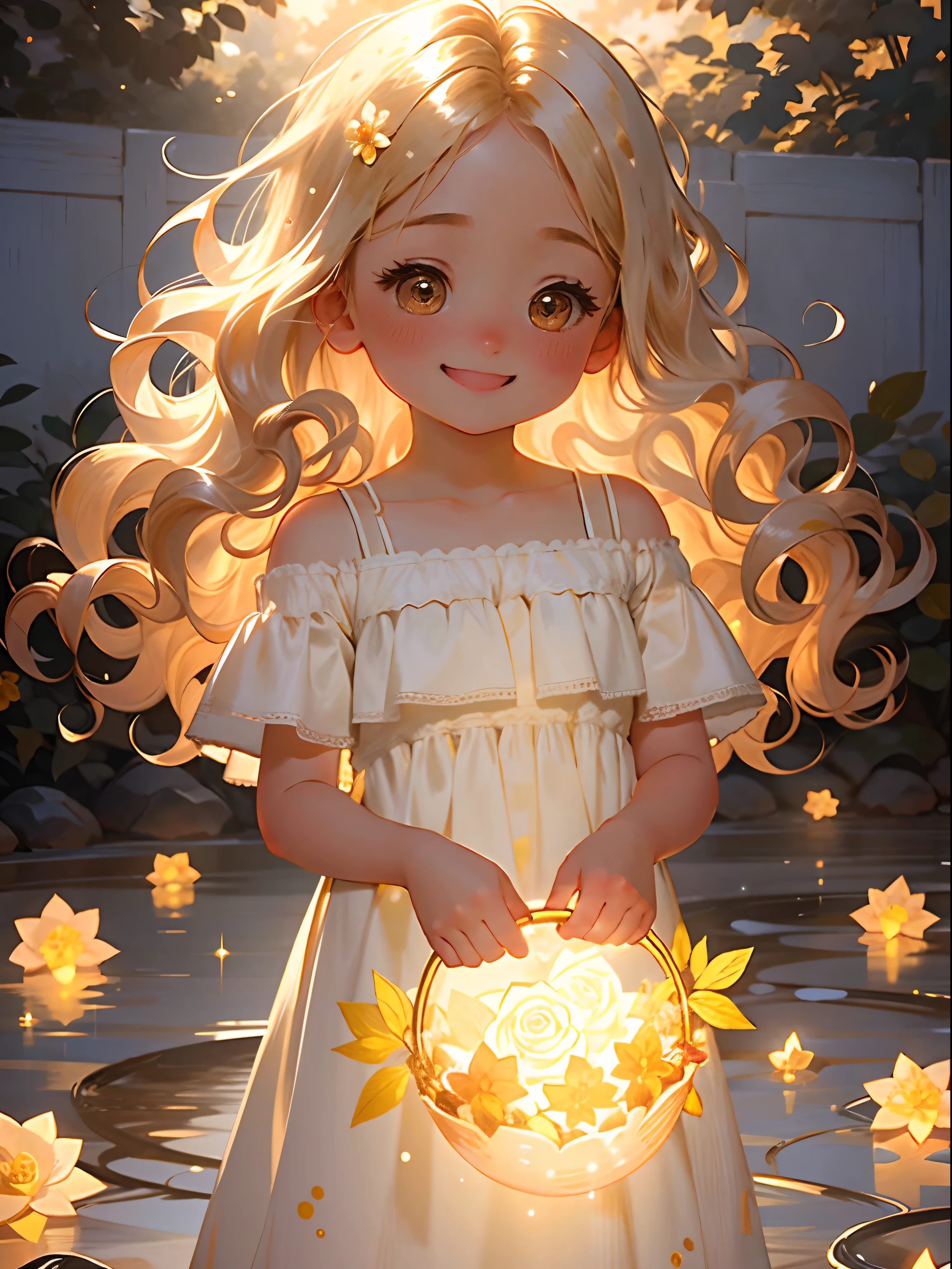1 girl in there, Chibi, Niedlich, lange Haare, hellblondes Haar, leuchtende goldene Augen, rose garden, Blumenkleid, Sonnenlicht,Smile, Happy, Rose