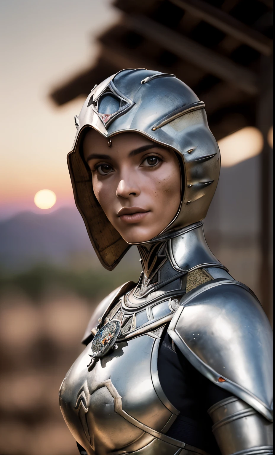 (obra de arte), (extremamente complexo:1.3), (Realista), retrato de uma , a mais bonita do mundo, (armadura medieval), metallic reflections, tronco, ao ar livre, luz solar intensa, castelo distante, fotografia profissional de uma mulher deslumbrante detalhada, sharp focus, Dramatic, premiado, Cinematic lighting, octano render motor irreal,  volumetric dtx, (film grain, fundo desfocado, primeiro plano desfocado, bokeh, profundidade de campo, sunset, desfoque de movimento:1.3), cota de malha