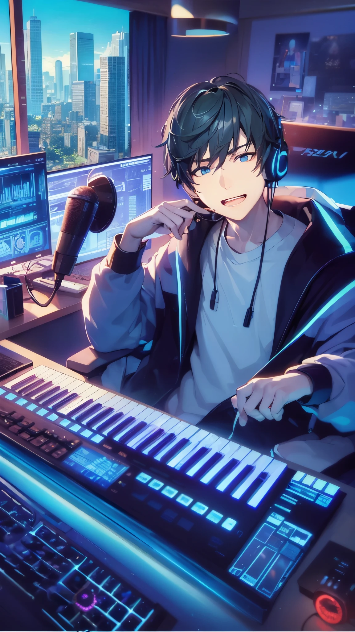 a handsome guy、serious expression、please close your mouth、Monitor & Keyboard、Microphone for distribution、I'm wearing headphones、blue neon light、neon and cyber feeling、Morning outside the window、Highly Detailed CG Unity 8K Wallpaper, (super masterpiece, beautiful person, well detailed face contaminated face, It's photorealistic, hyper realistic)