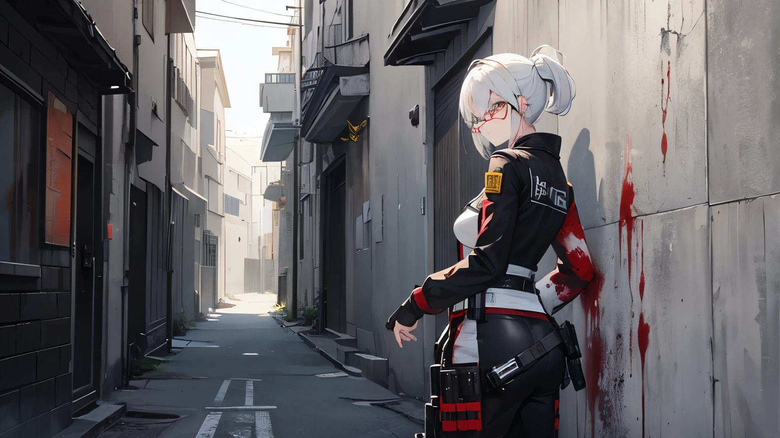 A white-haired, stern-faced woman stood holding a gun against a wall in an alley, wearing a blood-stained white ninja outfit and round yellow-lensed glasses on her head.