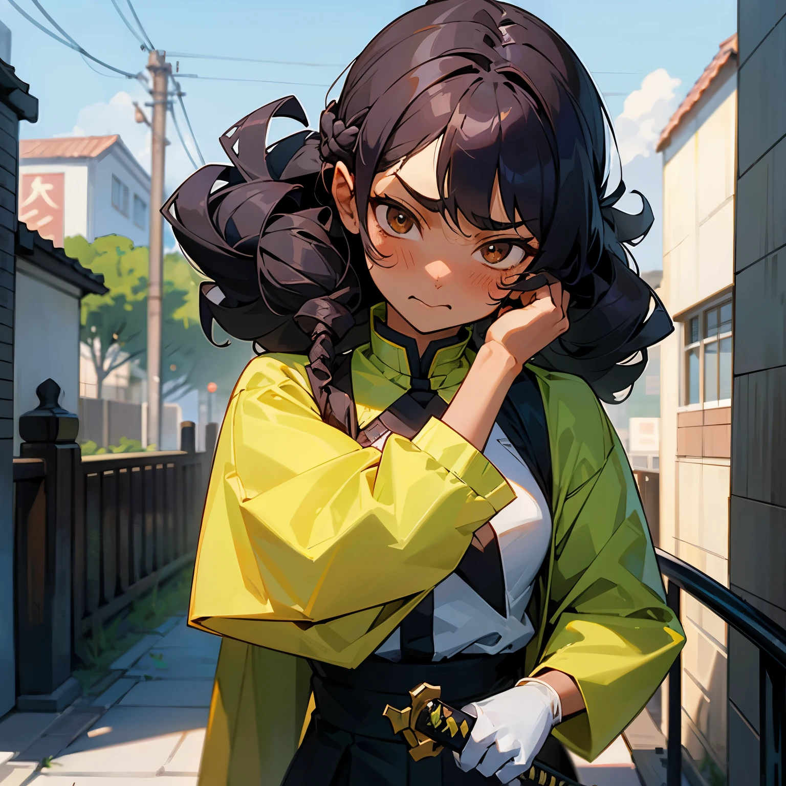 A whole corporeal human girl with dark skin, curly Permed hair, and brown eyes wearing the Demon Slayer uniform of Shinobu. She clutched her Katana tightly, her face a mix of embarrassment and determination, blushing profusely as she looked away, her mouth closed in silence. Behind her, an urban backdrop of streets and buildings blurred in the background. (NSFW, masterpiece, top-quality, character study, environment change scene, Pose too, Hairstyle Fax, Detailed, Beautiful detailed eyes, solo)

Her curly, encaracolado hair framed her brown, castanho eyes, which shone with a