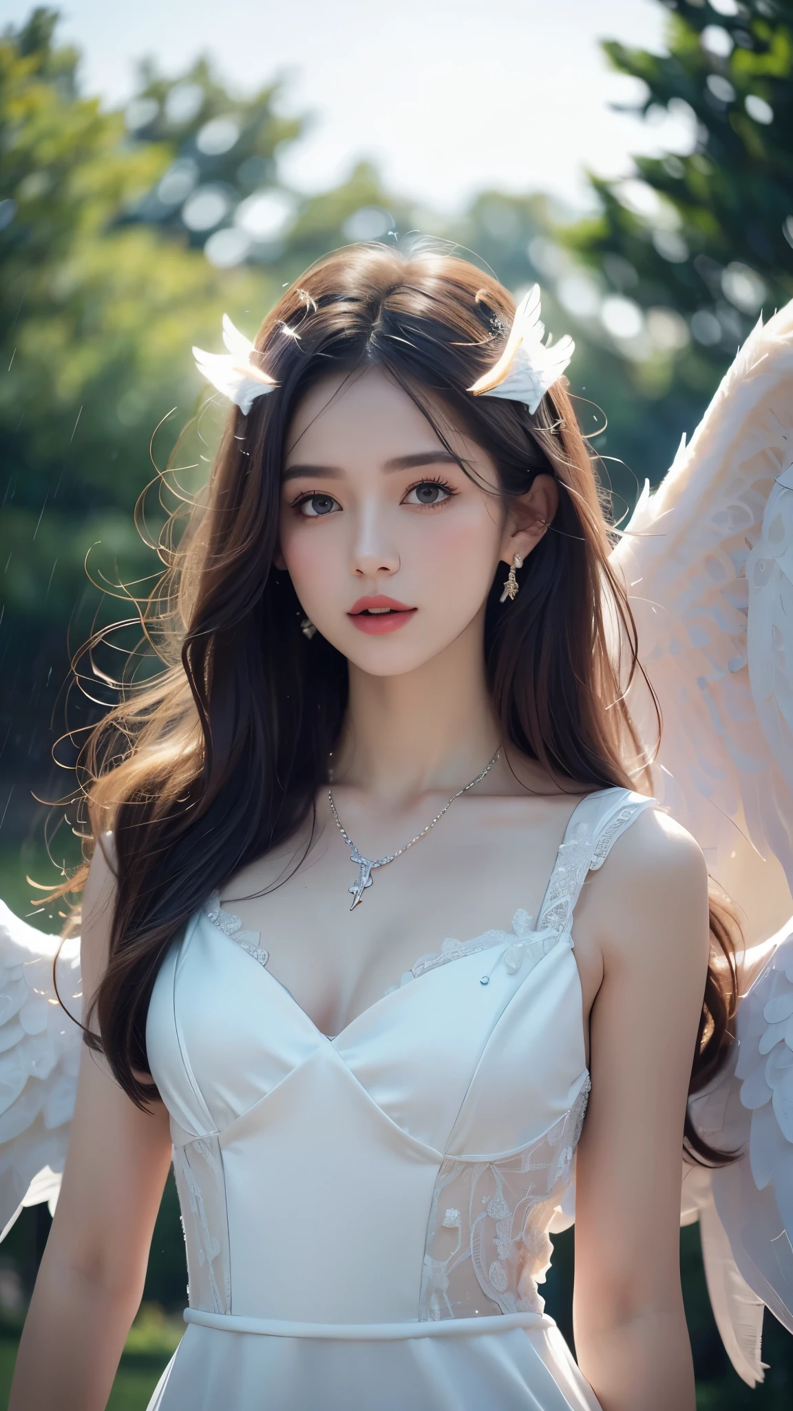8k ultra hd, masterpiece, a girl, (good face:1.4), detailed, eyes, beautiful lips, very long hair, spreading hair, small breasts, (angel dress:1.5), (white dress:1.5), necklace, wings, in the park, flying birds, (glowing:1.5), rainy weather,