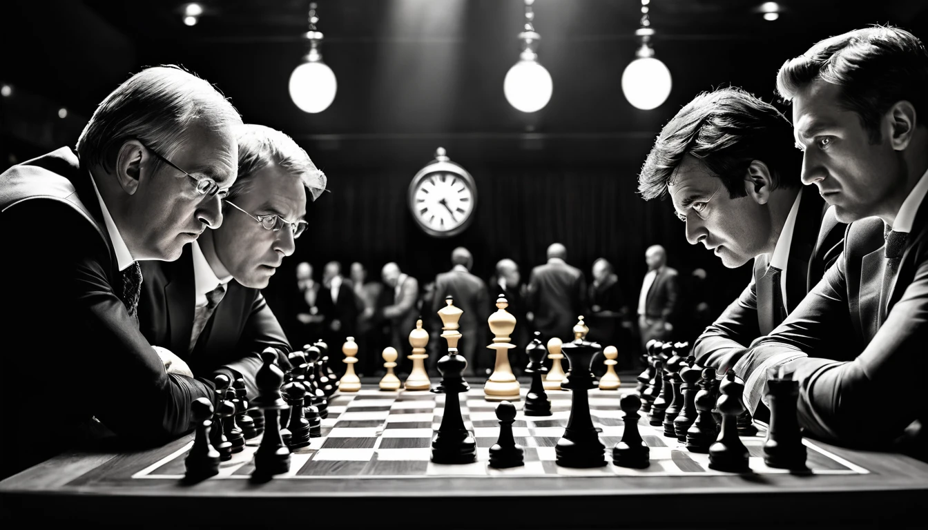 Chess board, intense competition, dramatic lighting, professional players, black and white pieces, intense focus, strategic moves, suspenseful atmosphere, high stakes, masterful strategies, detailed game pieces, close-up shots of players' faces, high-resolution, photorealistic rendering, vibrant colors, chess tournament, grandmasters, clock ticking, time pressure, elegant moves, decisive moments, crowd watching, tension in the air, expert analysis, historic match, championship title, nail-biting finish