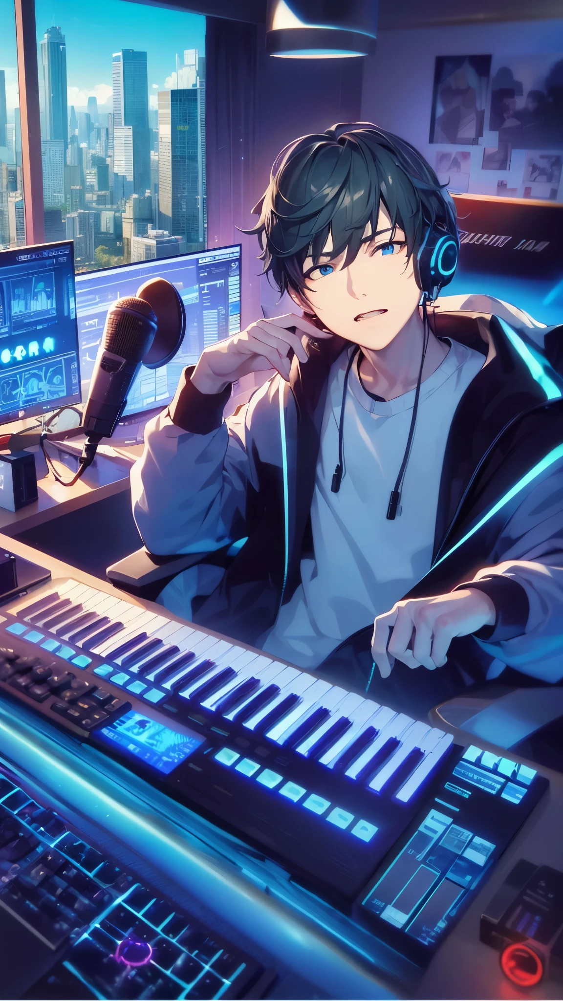 a handsome guy、serious expression、please close your mouth、Monitor & Keyboard、Microphone for distribution、I'm wearing headphones、blue neon light、neon and cyber feeling、Morning outside the window、Highly Detailed CG Unity 8K Wallpaper, (super masterpiece, beautiful person, well detailed face contaminated face, It's photorealistic, hyper realistic)