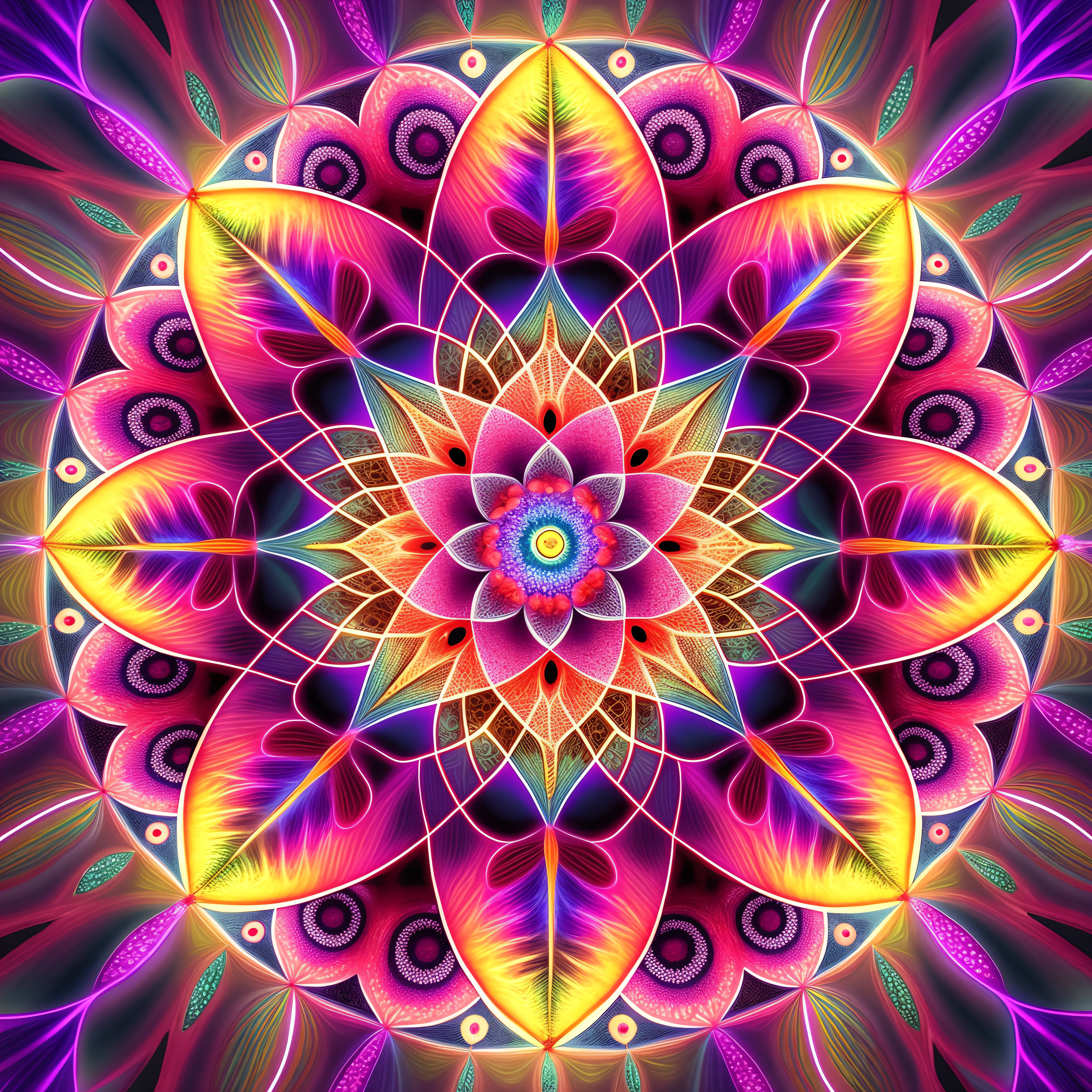 A colorful flower with a large center surrounded by many smaller petals, Estruturas fractais sagradas, visionary art style, Mandala colorido, psychedelic dmt, radiating digital illustration, Ilustraciones de Psytrance, Geometria Sagrada Fractal, Electromagnetic field DMT LSD, psicodelicante, Cores DMT, Psytrance, Psychedelic style, Arte DMT, psychedelic art style, Lighting stumble in DMT