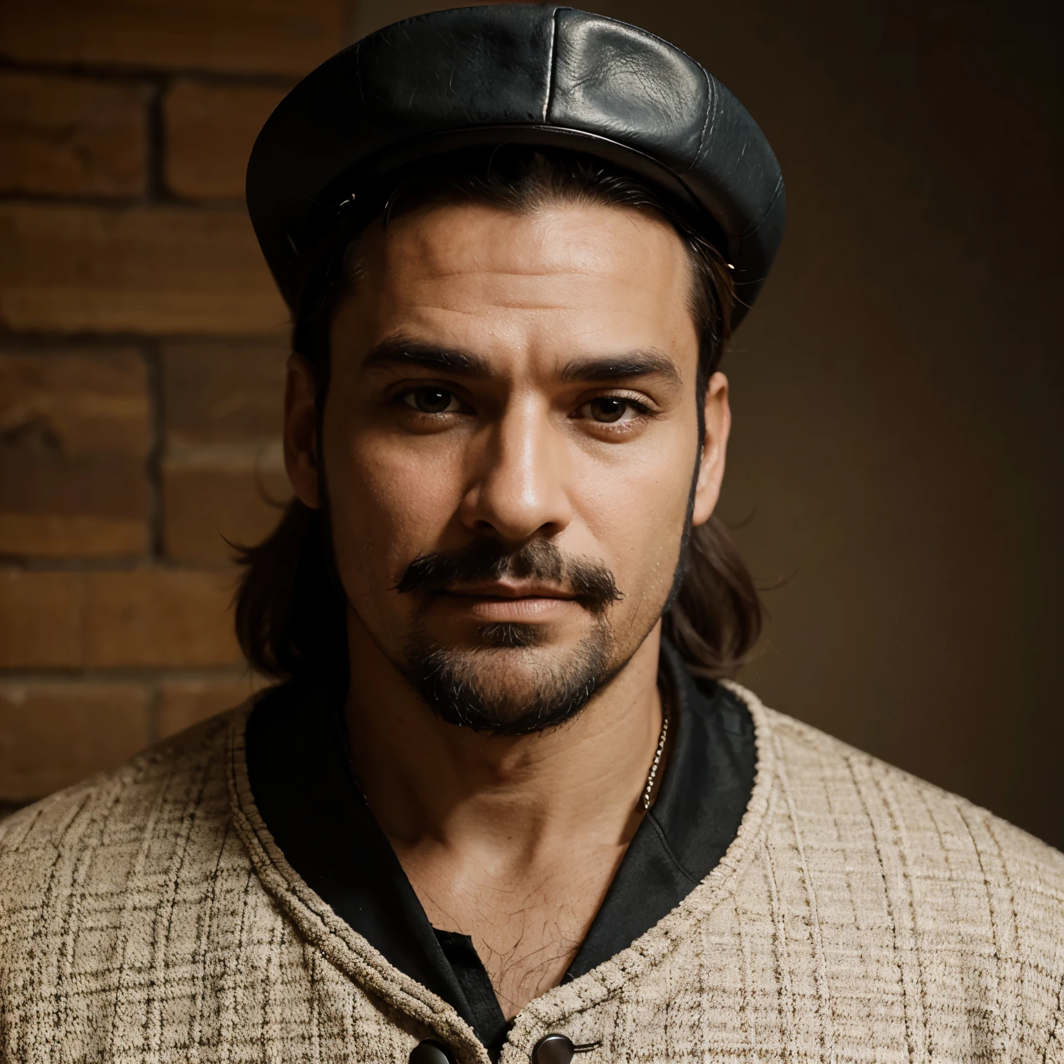 Homem idade aproximadamente 45 anos, Northeastern cowboy dressed in doublet and leather hat, com rosto pouco fino, com barba e bigode, montado em um cavalo. Profissional de vaquejada