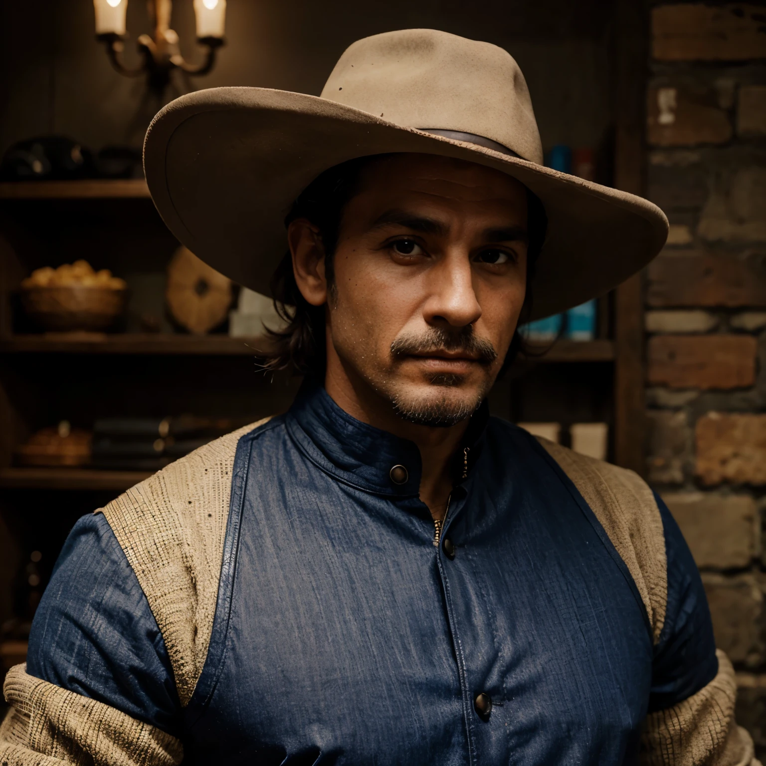 Homem idade aproximadamente 45 anos, Northeastern cowboy dressed in doublet and leather hat, com rosto pouco fino, com barba e bigode, montado em um cavalo. Profissional de vaquejada