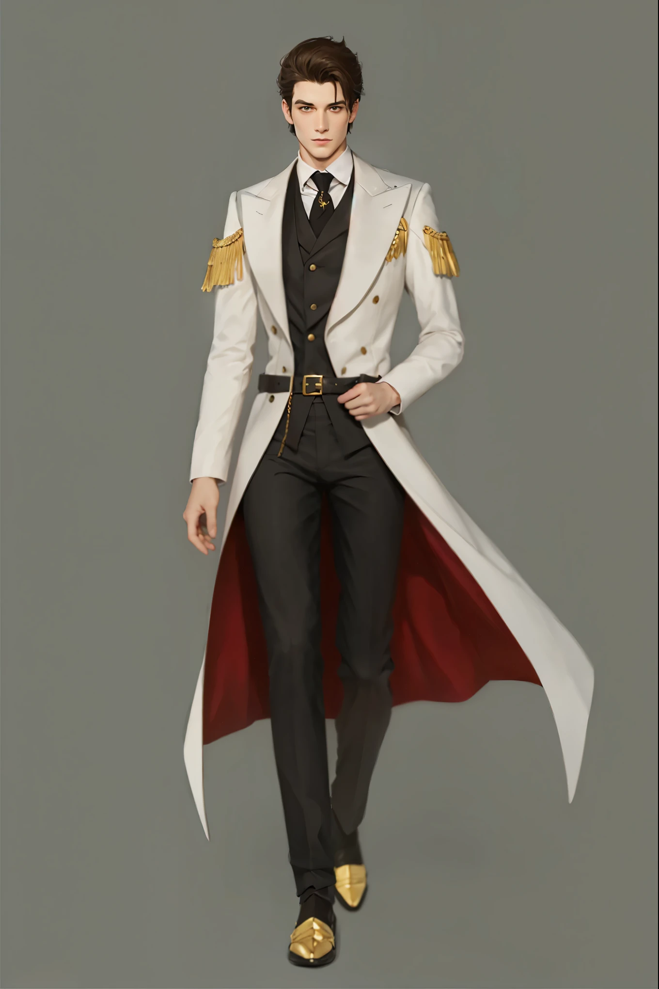 Reference sheet: 1.8, great details, high quality, masterful work, Tall Boy, Beautiful face, manto, long pants, art in bootasterpiece, A high resolution, high quality: 1.2), complex parts, cinematic lighting, Clear Focus, depth of field, White coat, black pants, black shoes with gold toe, Gold Elements, brunette, an aristocrat, Clothing Texture