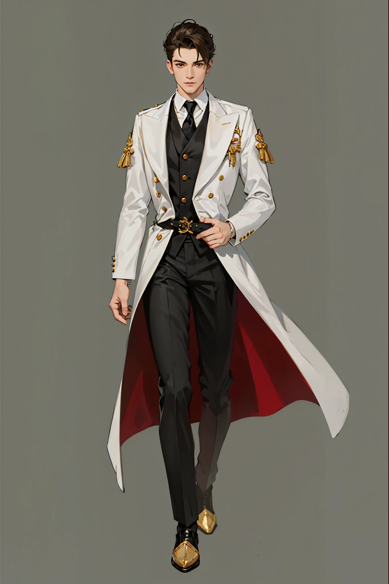 Reference sheet: 1.8, great details, high quality, masterful work, Tall Boy, Beautiful face, manto, long pants, art in bootasterpiece, A high resolution, high quality: 1.2), complex parts, cinematic lighting, Clear Focus, depth of field, White coat, black pants, black shoes with gold toe, Gold Elements, brunette, an aristocrat, Clothing Texture