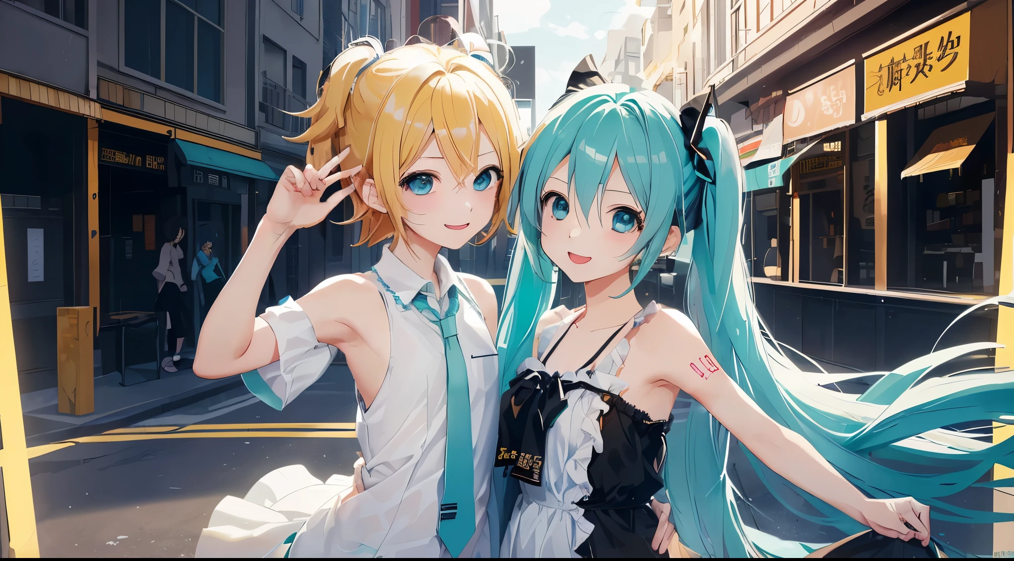 Highest image quality、high quality、Kagamine rin、hatsune miku、beautiful eyes、street、city、smile、open your mouth、uniform