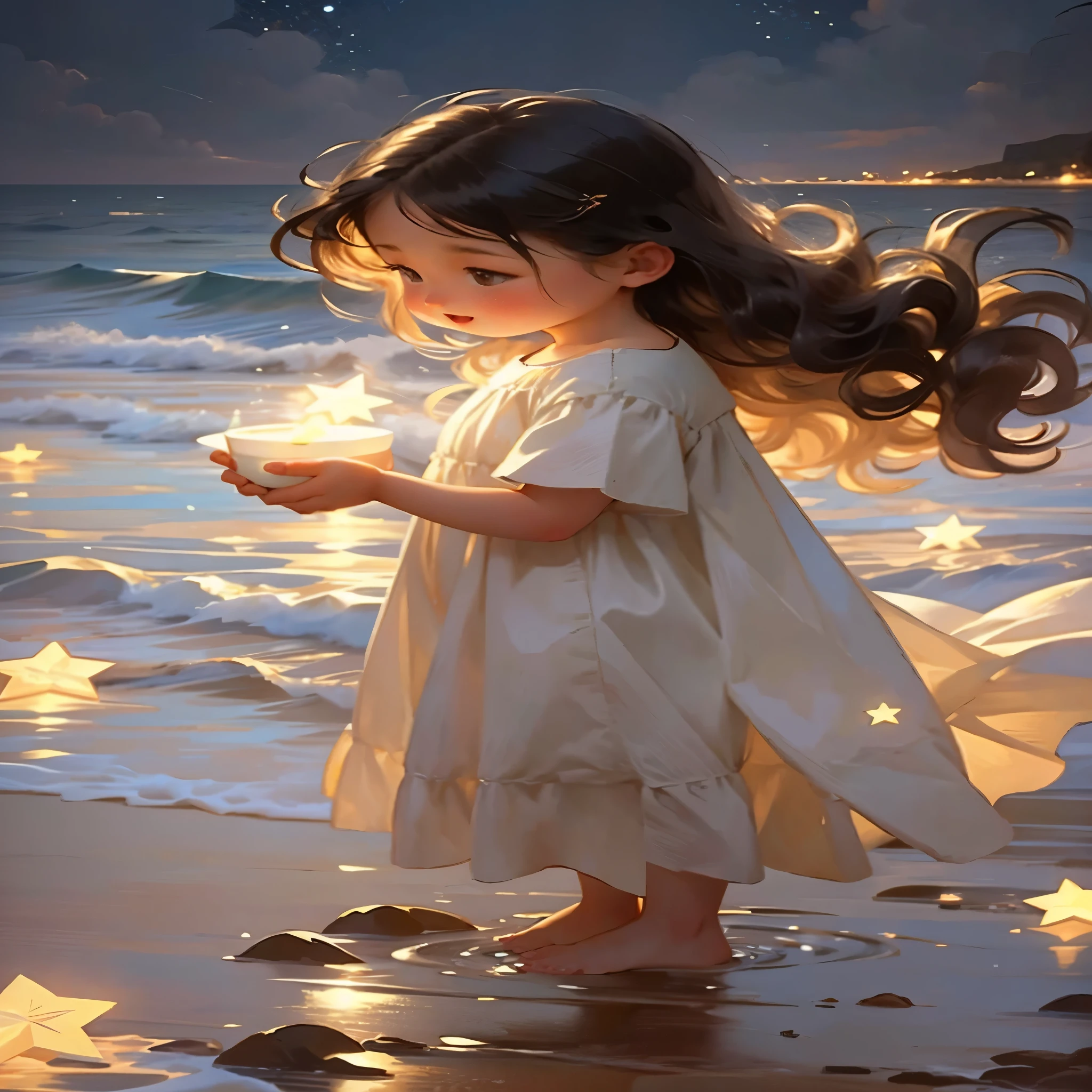 (Meisterwerk: 1.2, Realistisch: 1.37, ultra high resolution), weibliches Modell, helle Haut, Langes, lockiges Haar, White dress, Ein am Meer, Rose petals everywhere, Hoher Kontrast, Dynamisch, Weicher Fokus, Nacht, Sterne, Sternenklarer Himmel, Meer,high quality,highest quality,I don't have three feet,Ich habe keine sechs Finger