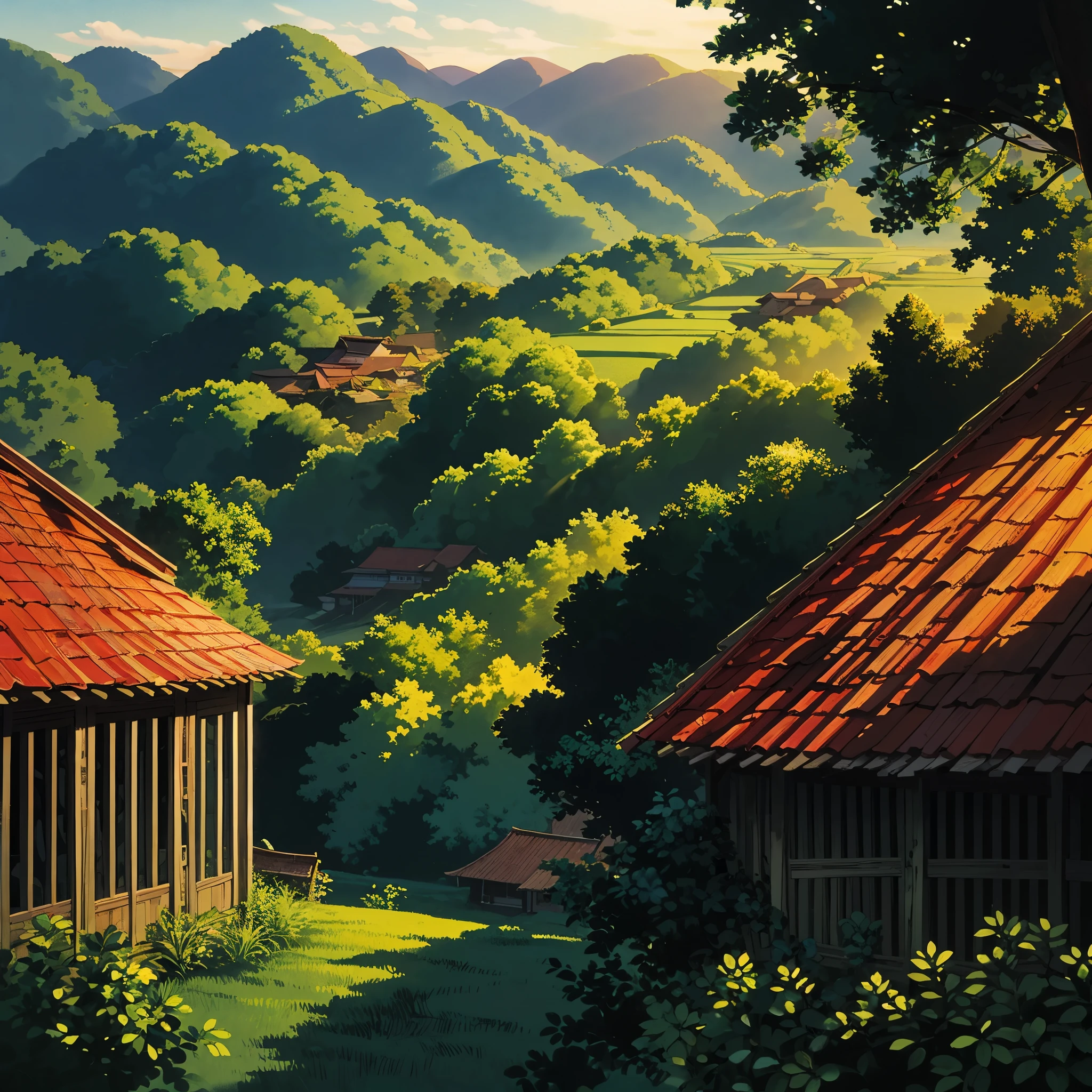 Picture prompt: Drawing a wood house image in a paddy field

A quaint wood house nestles comfortably amidst the lush greenery of a paddy field. The house, adorned with intricate carvings, exudes a rustic charm. The roof, made of red clay tiles, slopes gently towards the ground, reminiscent of traditional Japanese architecture. The wooden walls, stained with the natural hues of wood and weather, add to the house's charm. A long, wooden veranda extends from the house, offering a tranquil view of the paddy field. Hues of green and gold dominate the scene, with the sun setting in the background, casting