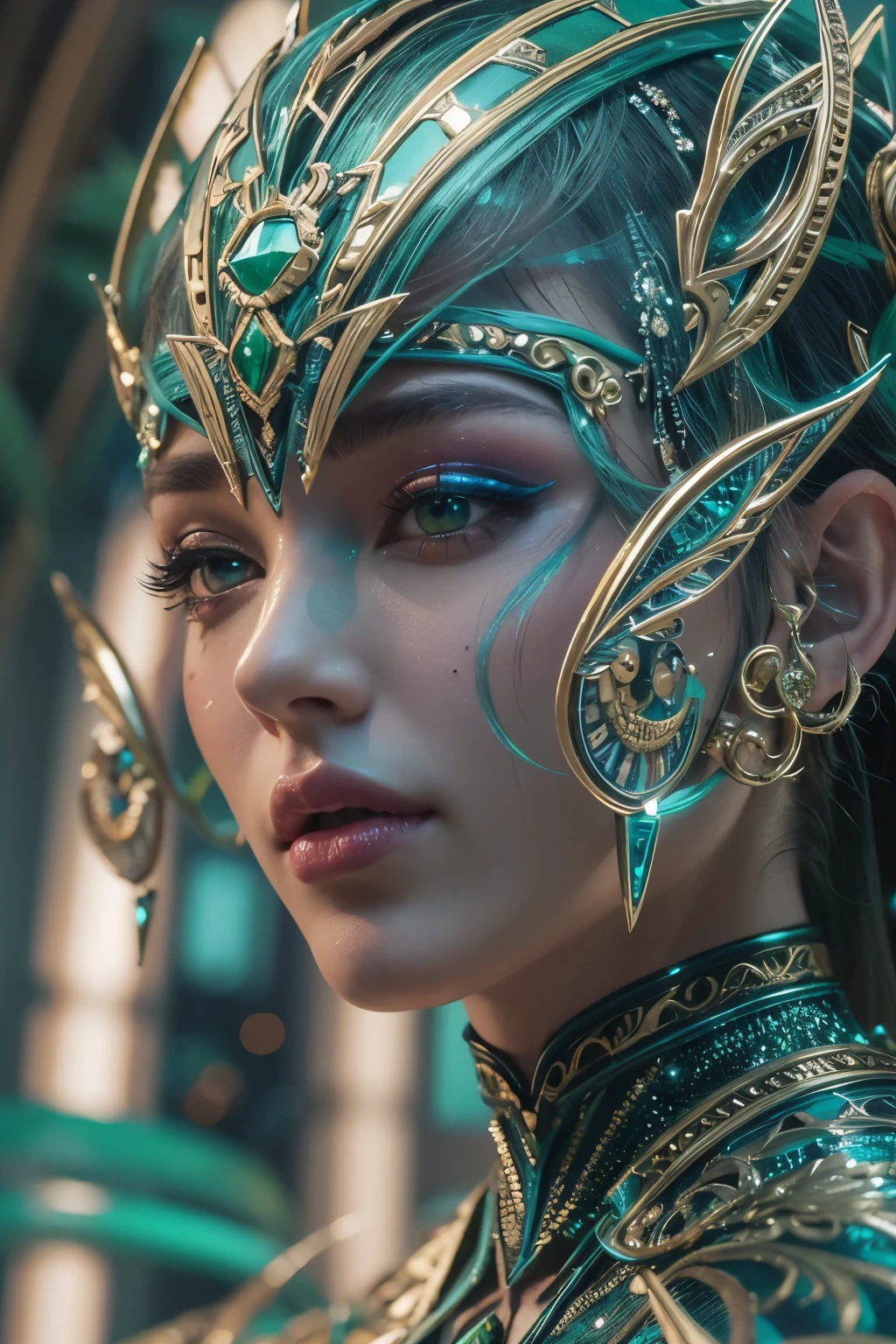 (best quality,4k,8k,highres,masterpiece:1.2),ultra-detailed,(photorealistic,photo-realistic:1.37),A woman with compound eyes that look like the eyes of a praying mantis,futuristic,hi-tech,natural-looking skin,emerald-green compound eyes,exquisite,detailed face features,piercing eyes,long eyelashes and sharp angles,sculptural facial structure,innovative fashion style,metallic,shimmering make-up,glowing eyeliner,ornate futuristic jewelry,elaborate headpiece,feathers and metallic elements,ethereal background with floating holographic particles,controlled lighting with soft highlights,bluish-green color scheme,otherworldly atmosphere.