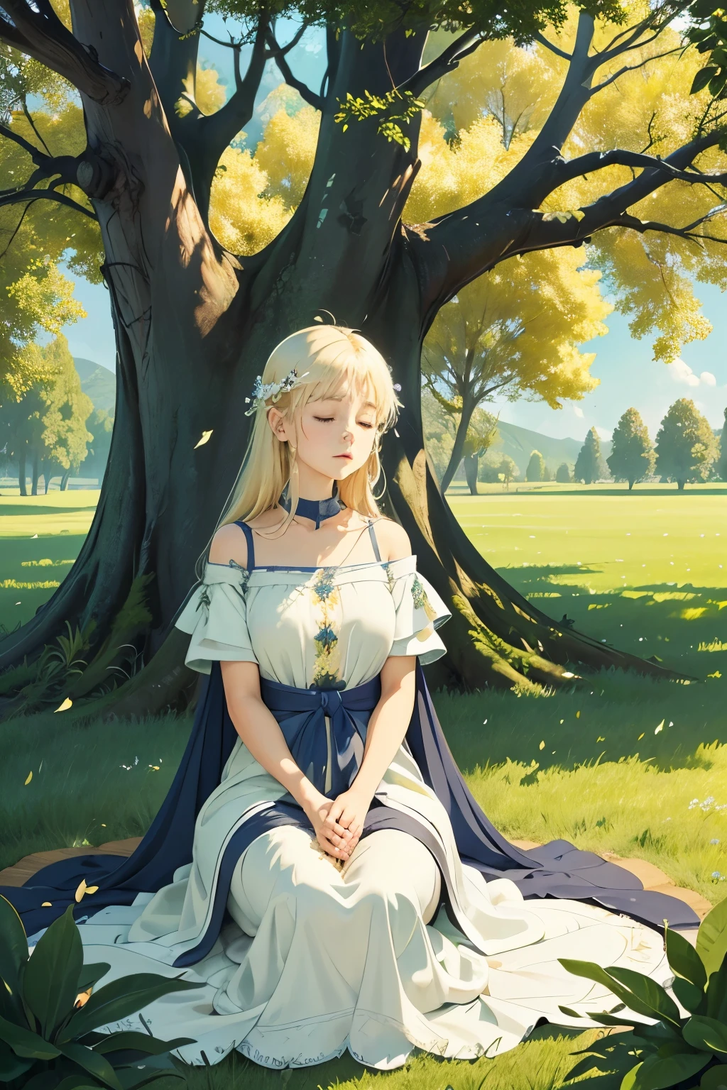 Title: "Beneath the Canopy of Serenity"
Prompt:
In a serene meadow, under the expansive reach of a towering tree, a young girl sits on the soft grass, bathed in the golden glow of the sun. With a gentle smile gracing her lips, she exudes an aura of tranquility and contentment. The open field stretches endlessly around her, inviting relaxation and quiet introspection.
The weather is perfect, with a pleasant breeze caressing her skin and the clear sky above painting a canvas of infinite blue. The gentle rustle of leaves accompanies the symphony of birdsong, creating a harmonious backdrop to her peaceful moment.
Capture the essence of this scene in your writing: the girl's joyful expression, the vastness of the open field, the soothing ambiance of nature, and the simple pleasure of being present in the moment. Explore the emotions evoked by this idyllic setting and the sense of serenity it inspires.