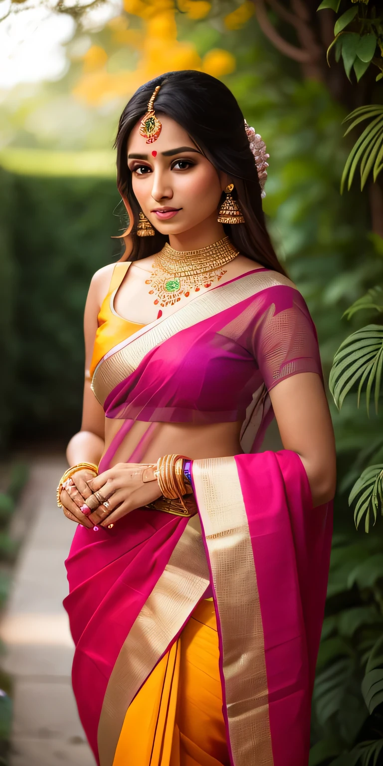A 25-year-old Indian lady adorned in classic Indian attire, her vibrant saree draped elegantly around her, intricate gold jewelry adorning her neck, wrists, and ears, henna designs gracing her hands, standing in a lush garden surrounded by blooming flowers, with the scent of jasmine lingering in the air, evoking a sense of grace and serenity, Photography, high-resolution DSLR camera with a 50mm prime lens, capturing the rich colors and textures of her attire and surroundings, --ar 16:9 --v 5