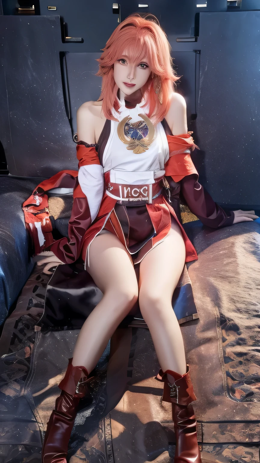 Girl sitting on sofa in luxury villa,wearing a miniskirt,Wear short leather boots