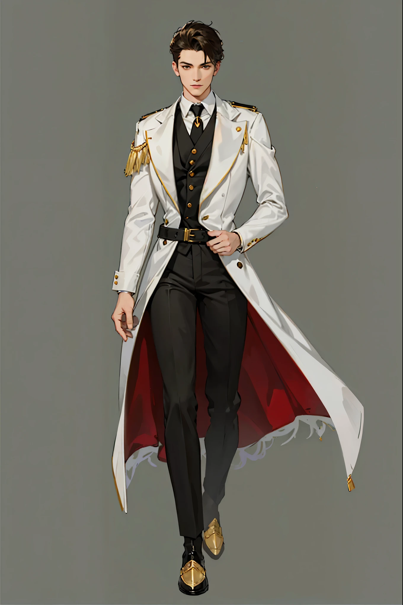 Reference sheet: 1.8, great details, high quality, masterful work, Tall Boy, Beautiful face, manto, long pants, art in bootasterpiece, A high resolution, high quality: 1.2), complex parts, cinematic lighting, Clear Focus, depth of field, White coat, black pants, black shoes with gold toe, Gold Elements, brunette, an aristocrat, Clothing Texture
